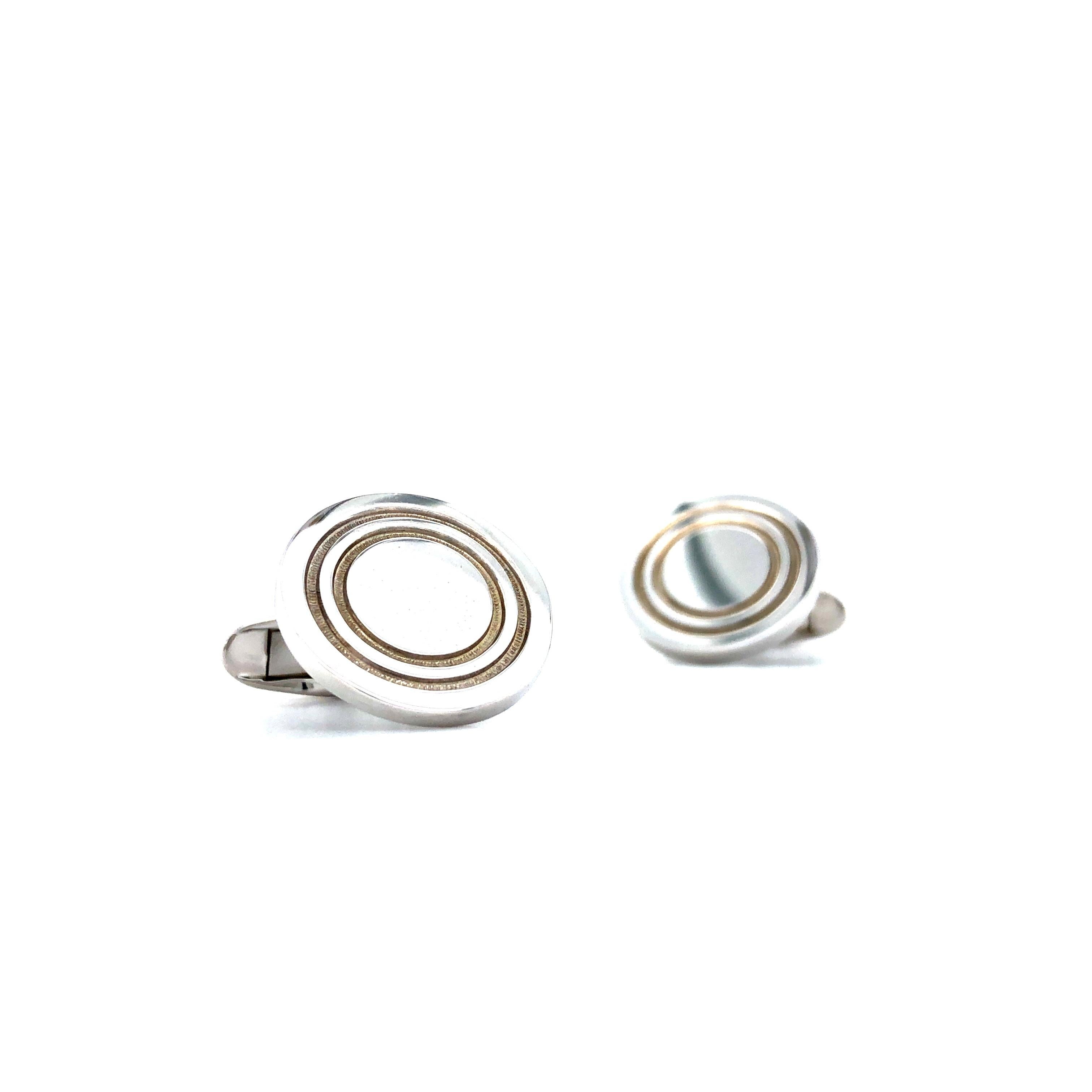 Gemelli da polso di forma rotonda in argento 925 con due cerchi come rientranze in vendita 1