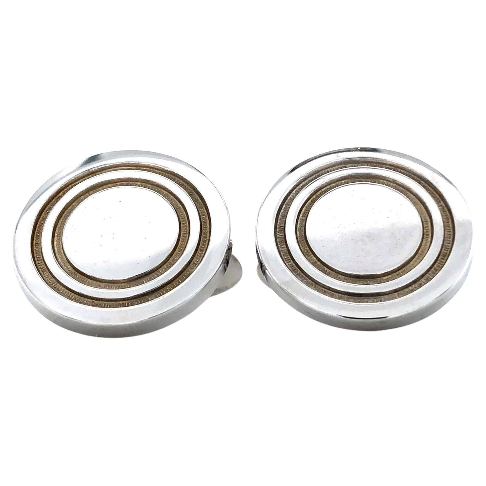 Gemelli da polso di forma rotonda in argento 925 con due cerchi come rientranze in vendita