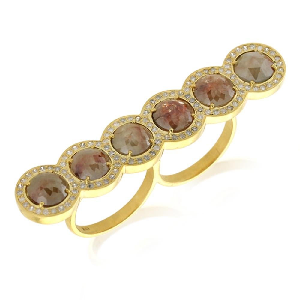 Artisan Round Shaped Ice Diamonds Two Finger Ring with Pave Diamonds in 18k Yellow Gold For Sale