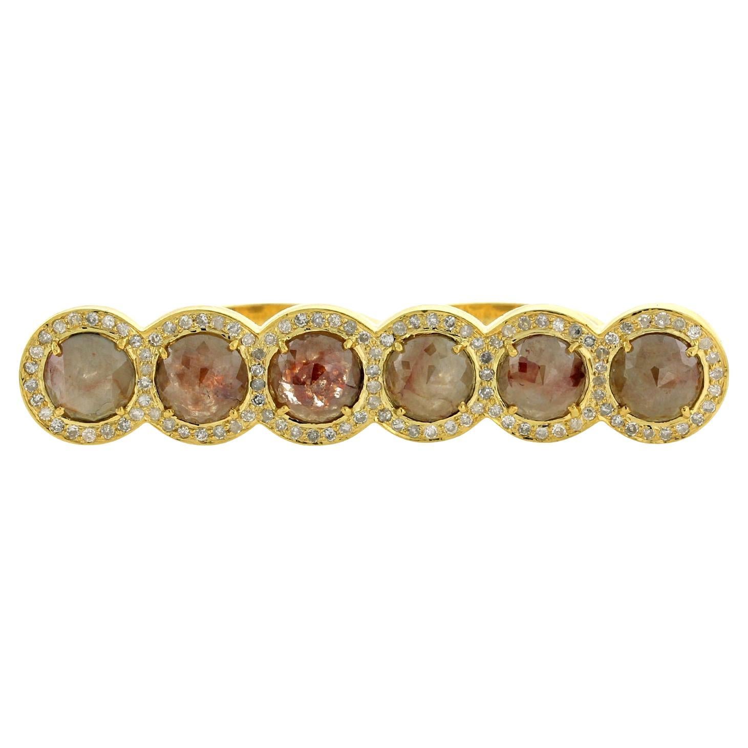 Round Shaped Ice Diamonds Two Finger Ring with Pave Diamonds in 18k Yellow Gold For Sale