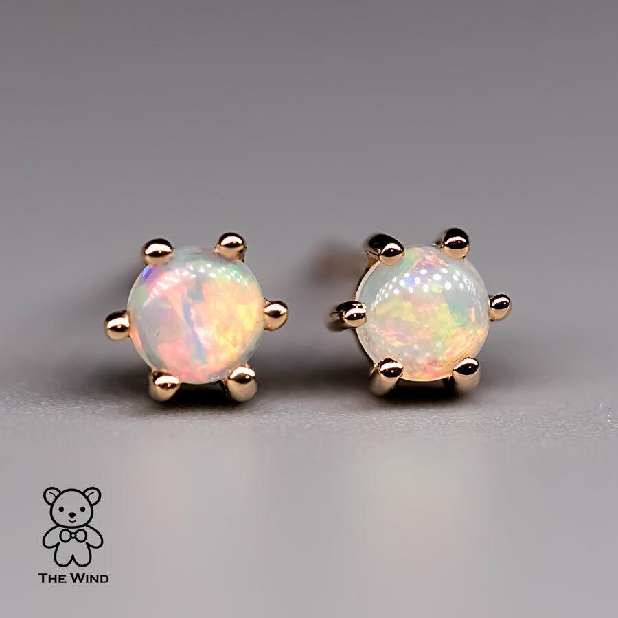 Round Cut Round Shaped Six Prong Australian Solid Opal Stud Earrings 14K Yellow Gold For Sale