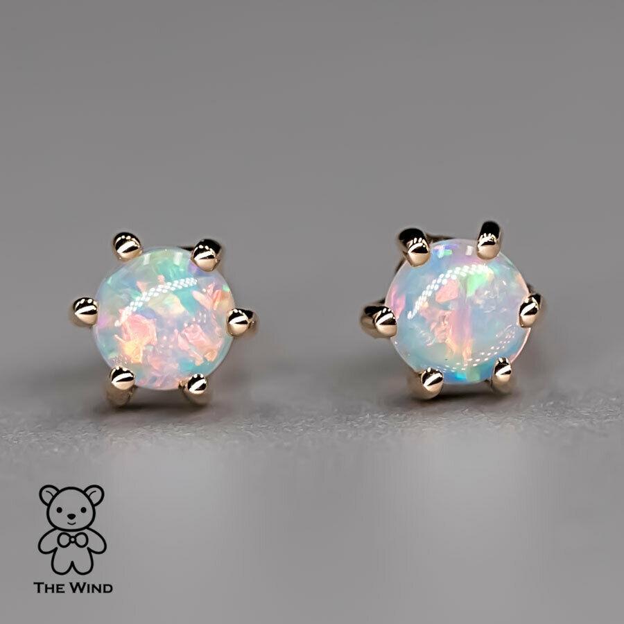 Round Shaped Six Prong Australian Solid Opal Stud Earrings 14K Yellow Gold For Sale 1