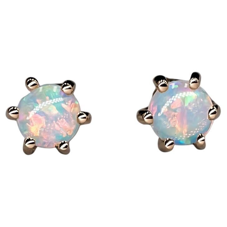 Round Shaped Six Prong Australian Solid Opal Stud Earrings 14K Yellow Gold For Sale