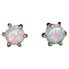 Round Shaped Six Prong Australian Solid Opal Stud Earrings 14K Yellow Gold