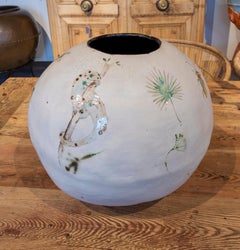 Round-Shaped Vase in Hand Painted Ceramic with Insects