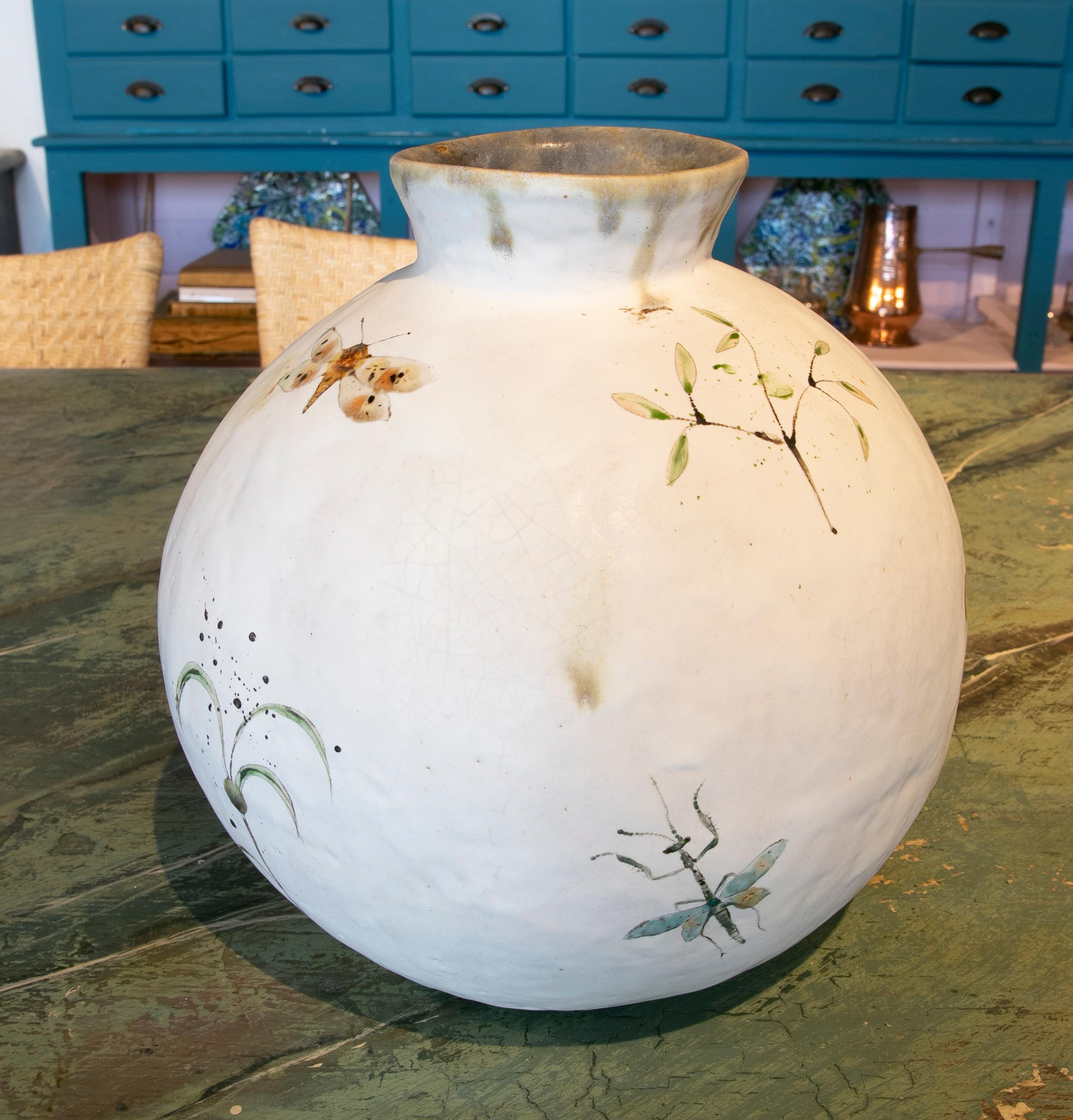 Spanish Round-Shaped Vase in Hand-Painted Ceramic with Insects