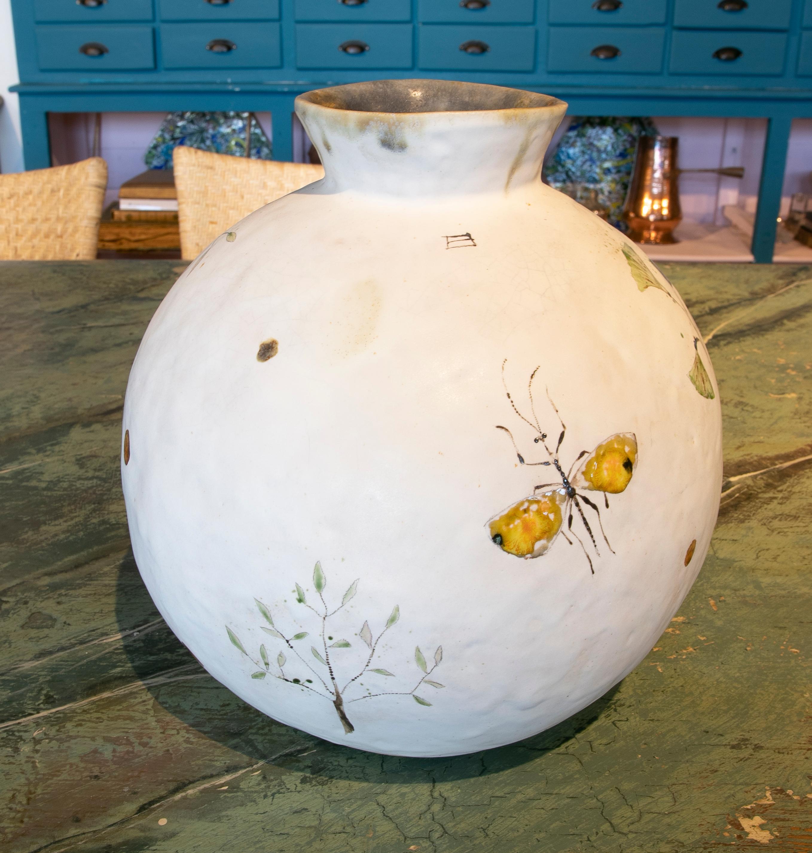 Contemporary Round-Shaped Vase in Hand-Painted Ceramic with Insects