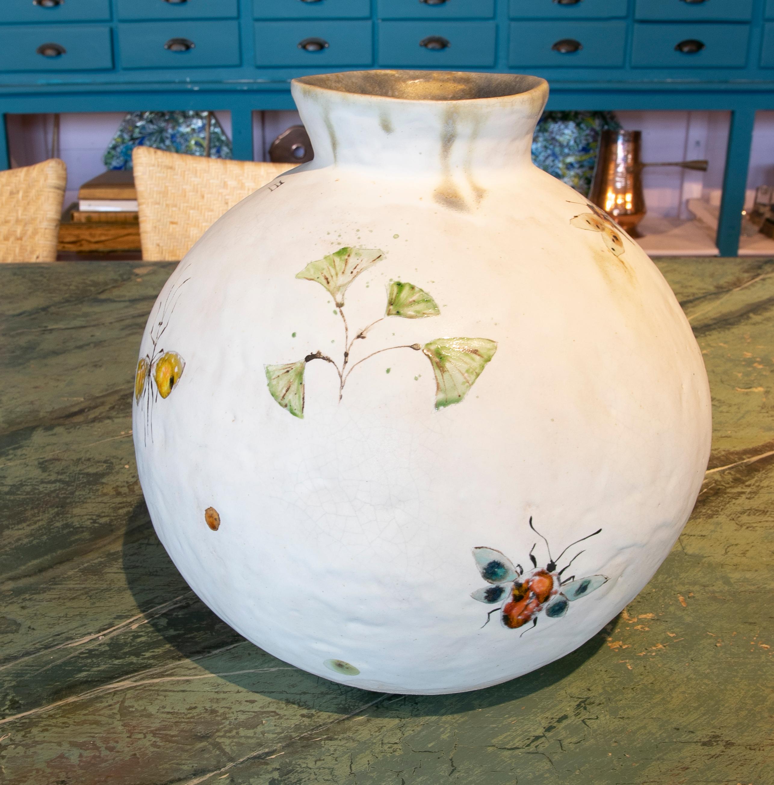 Round-Shaped Vase in Hand-Painted Ceramic with Insects 2