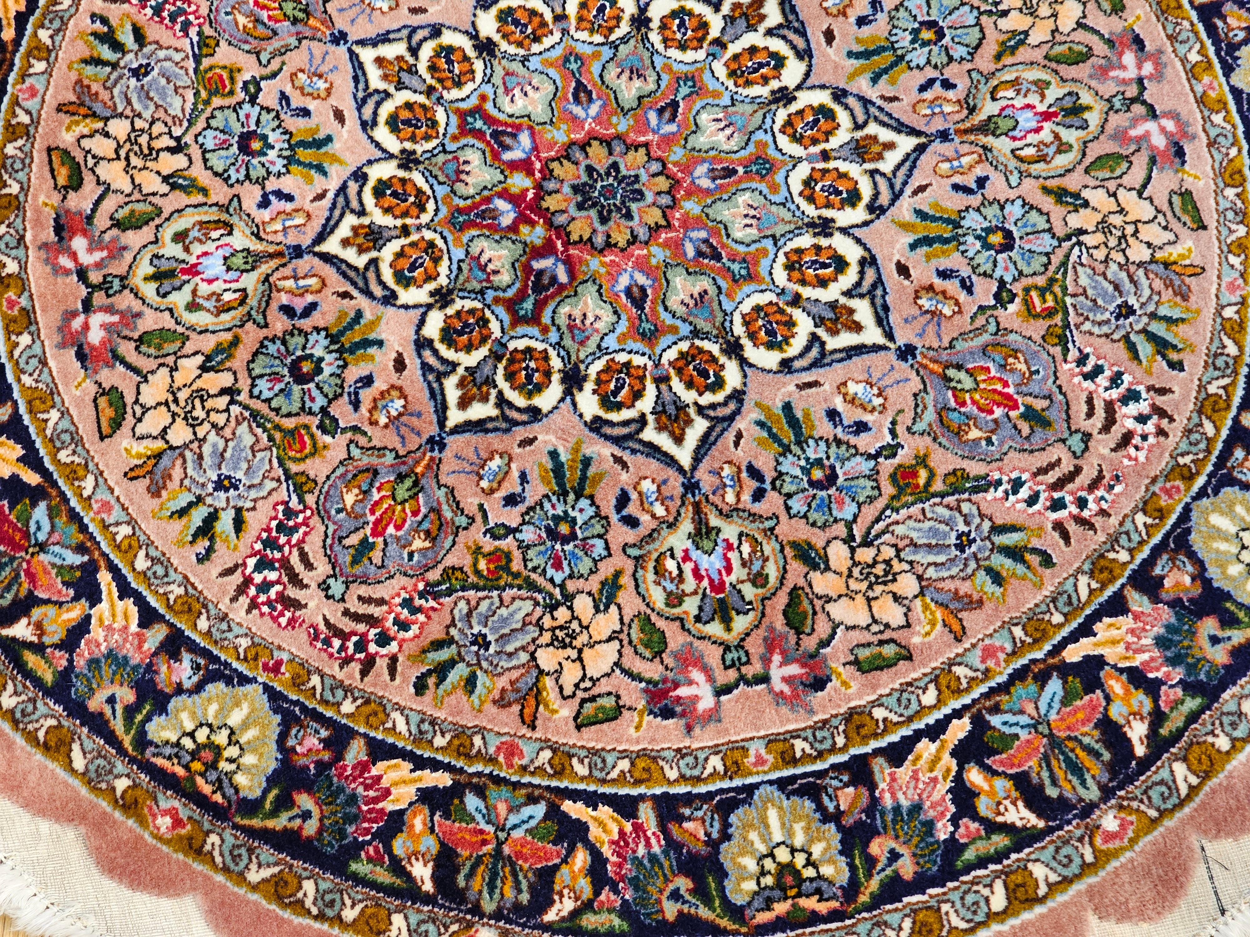 Hand-Knotted Round Shaped Vintage Persian Tabriz in Floral Pattern in Pale Pink, Navy Blue For Sale