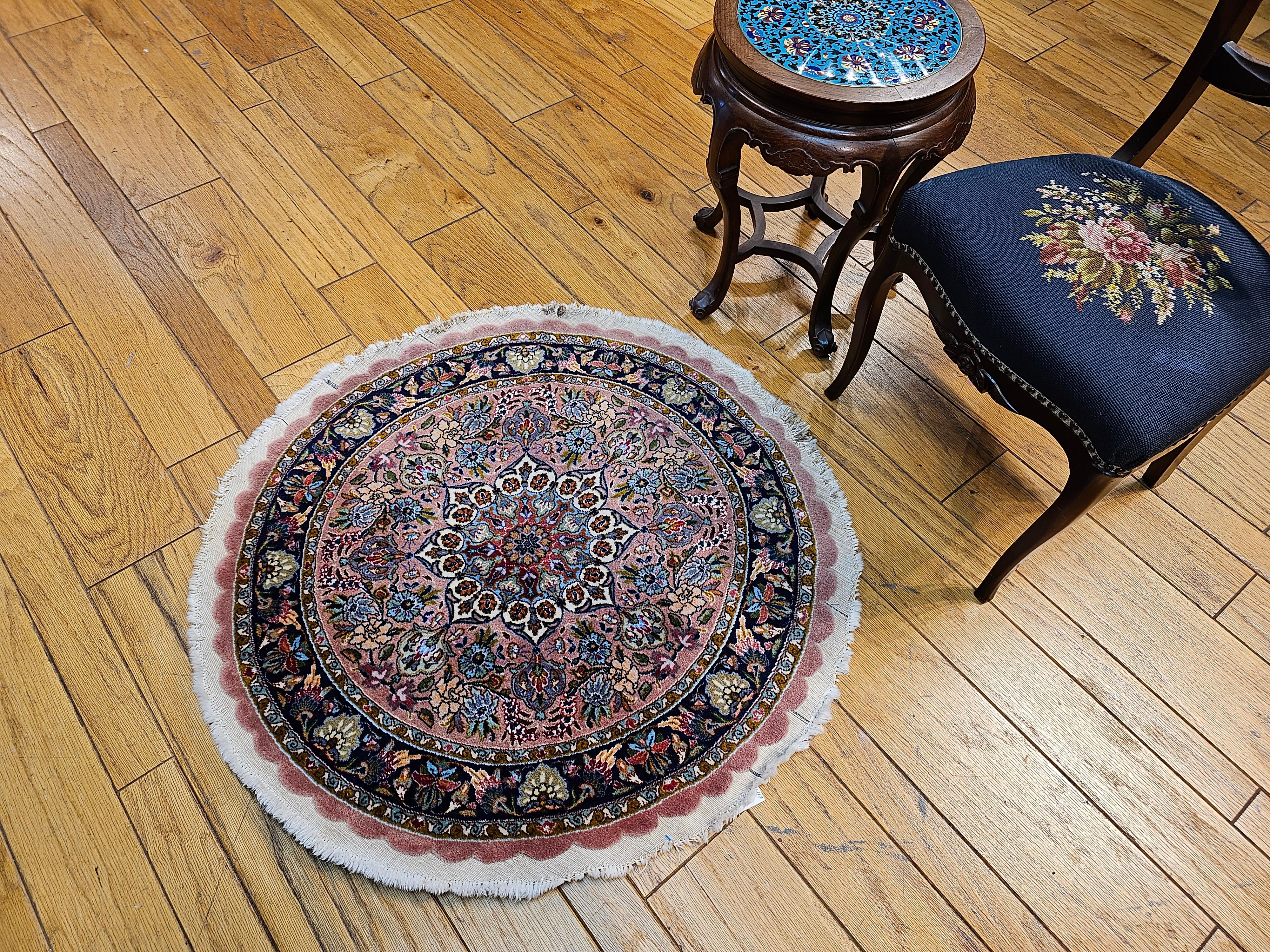 20th Century Round Shaped Vintage Persian Tabriz in Floral Pattern in Pale Pink, Navy Blue For Sale