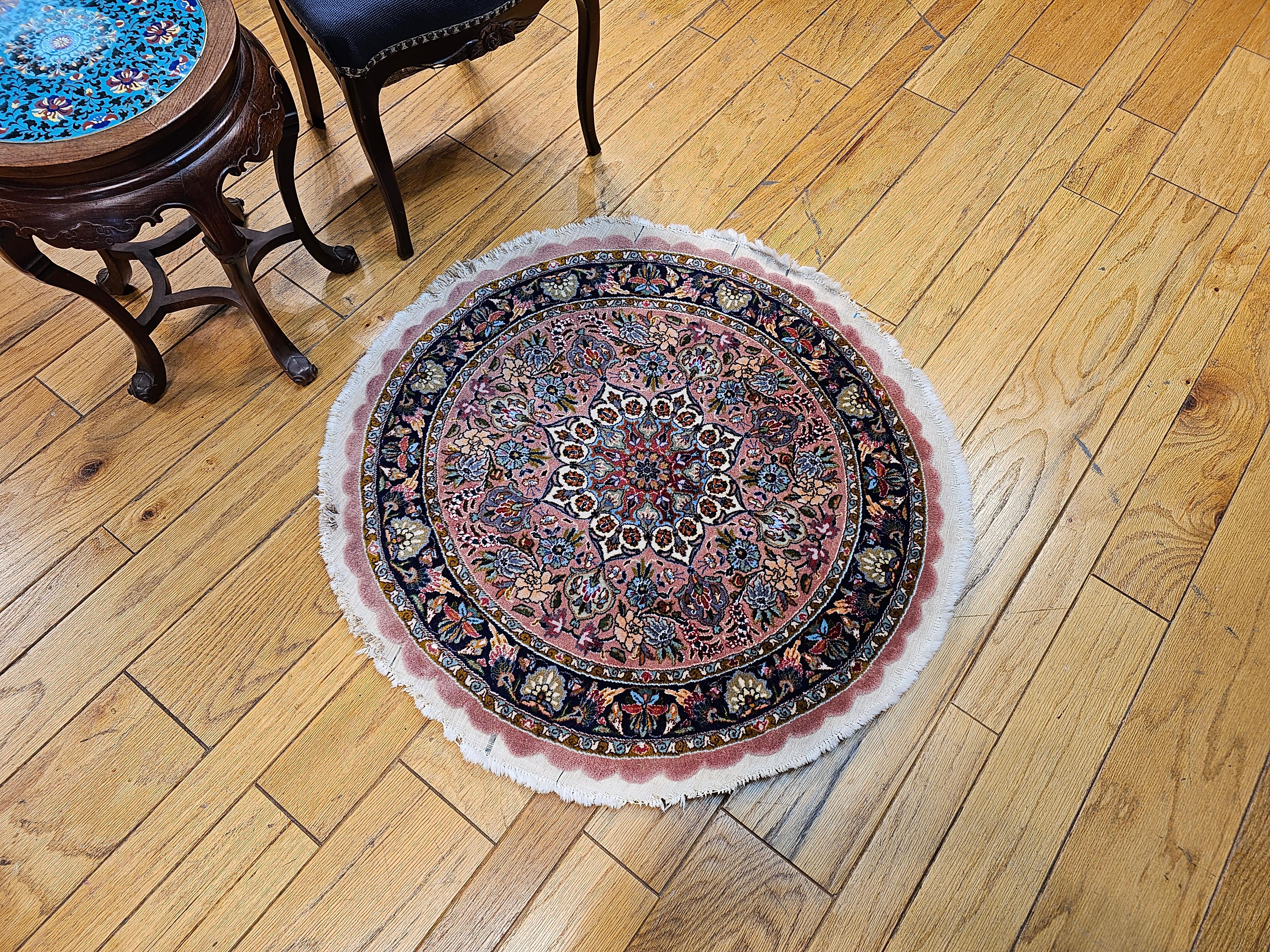 Wool Round Shaped Vintage Persian Tabriz in Floral Pattern in Pale Pink, Navy Blue For Sale