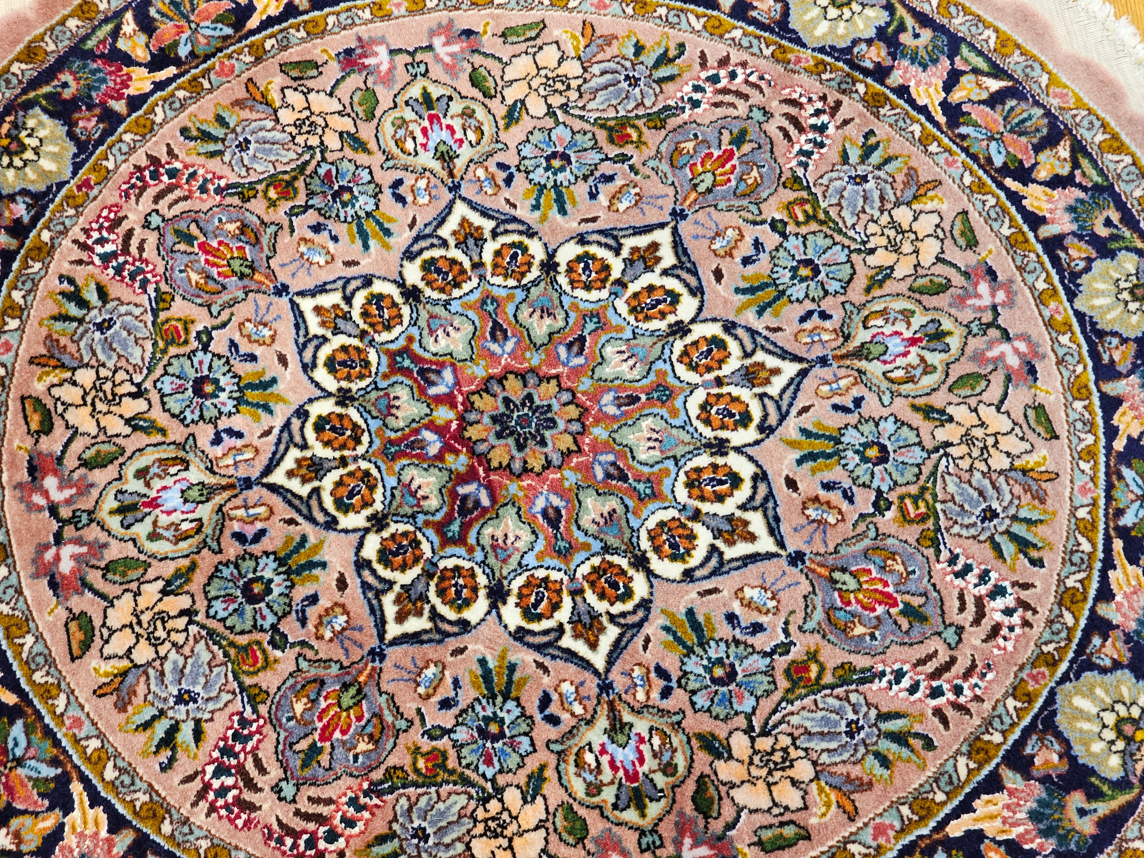 Wool Round Vintage Persian Tabriz Rug in Floral Pattern in Pale Pink, Blue, Navy For Sale