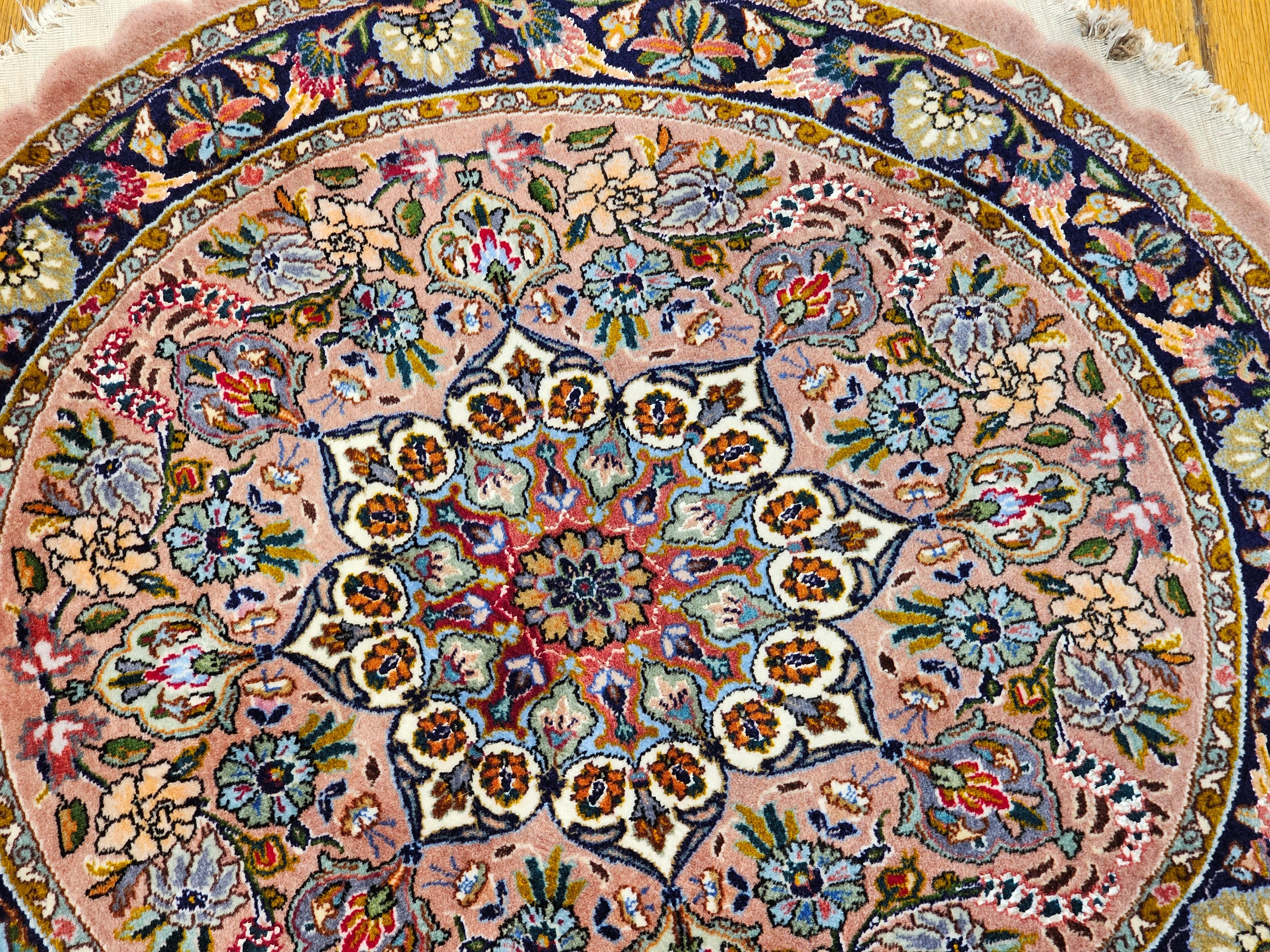 Round Vintage Persian Tabriz Rug in Floral Pattern in Pale Pink, Blue, Navy For Sale 2