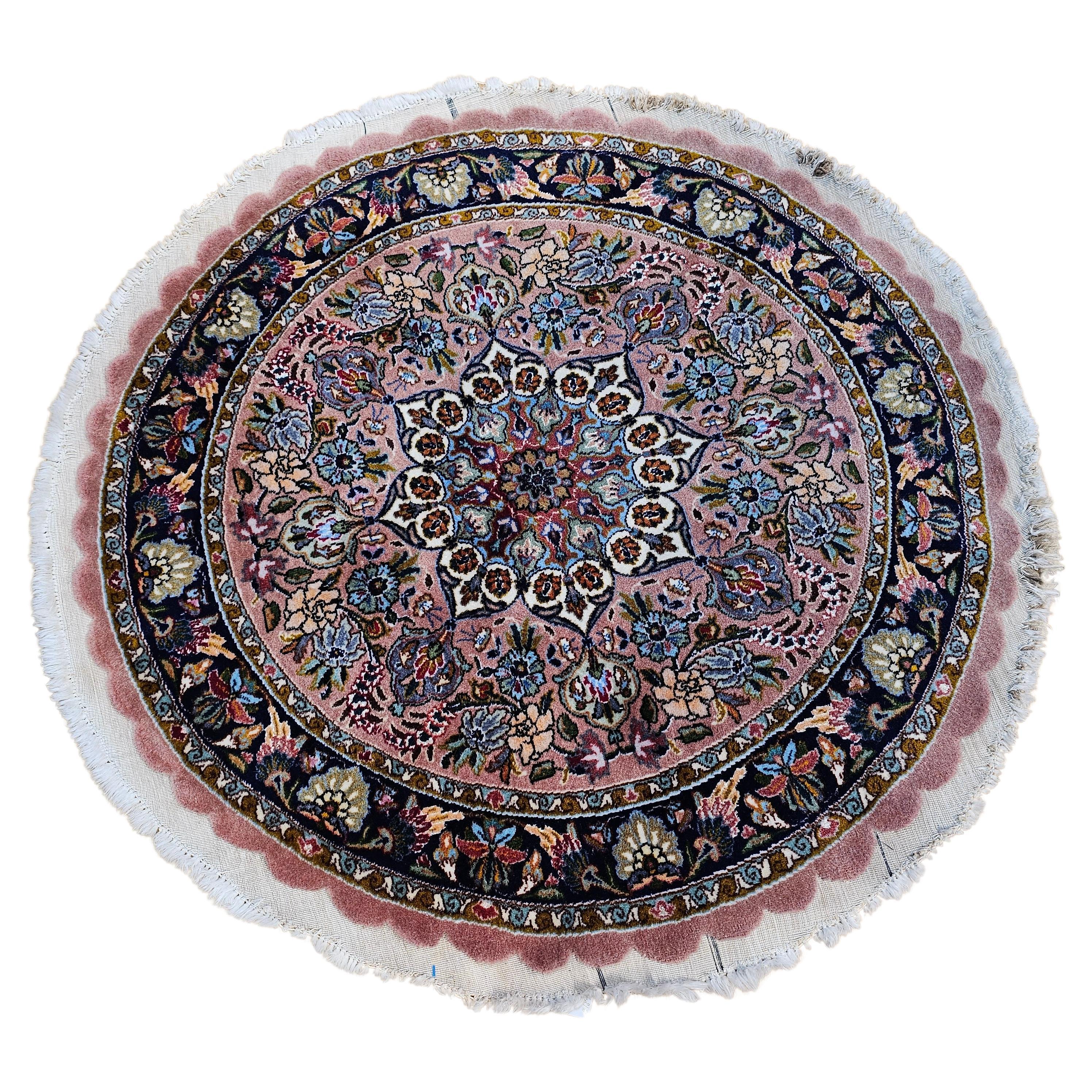 Round Shaped Vintage Persian Tabriz in Floral Pattern in Pale Pink, Navy Blue For Sale