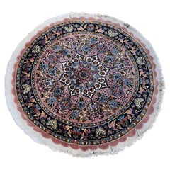 Round Shaped Vintage Persian Tabriz in Floral Pattern in Pale Pink, Navy Blue