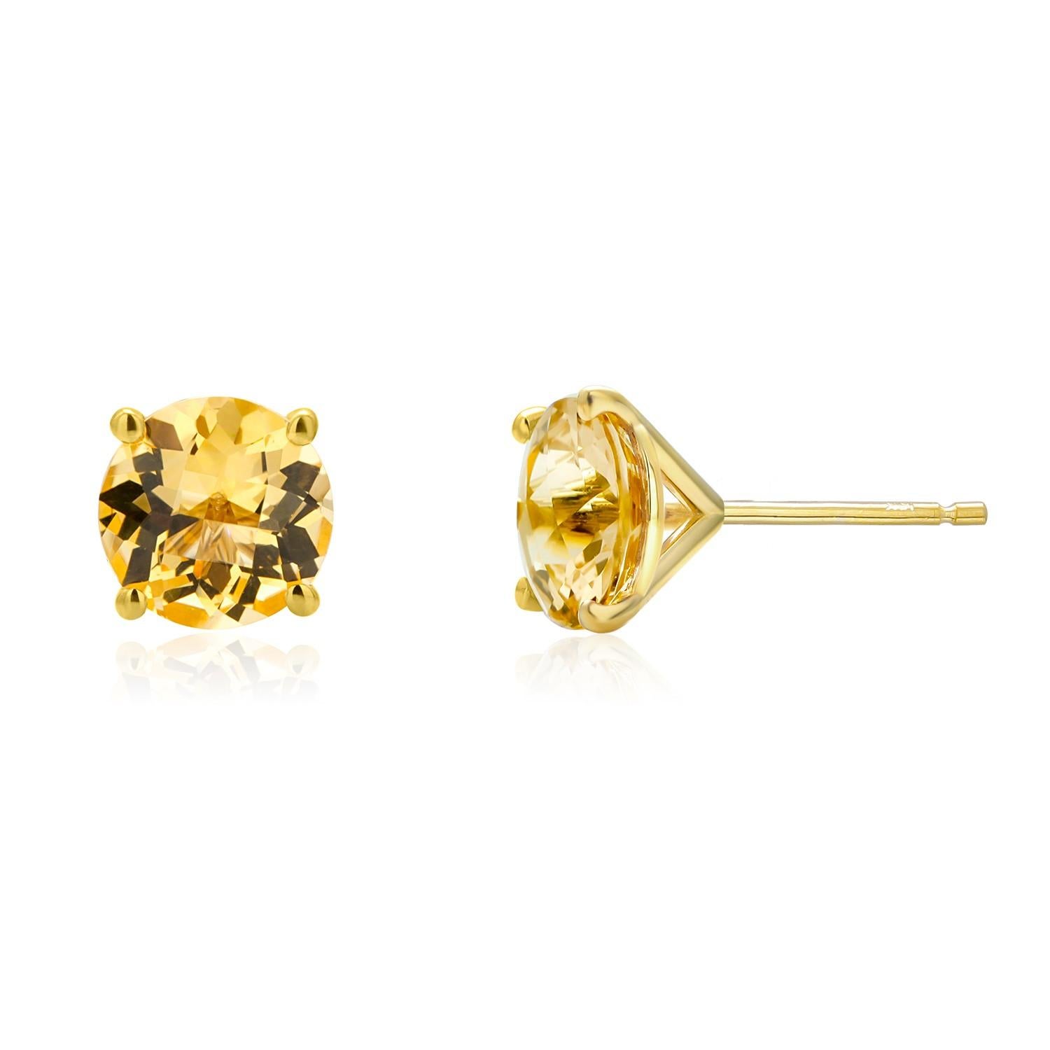 Pair Round Yellow Beryl 2.45 Carat Yellow Gold 0.30 Inch Stud Earrings 1