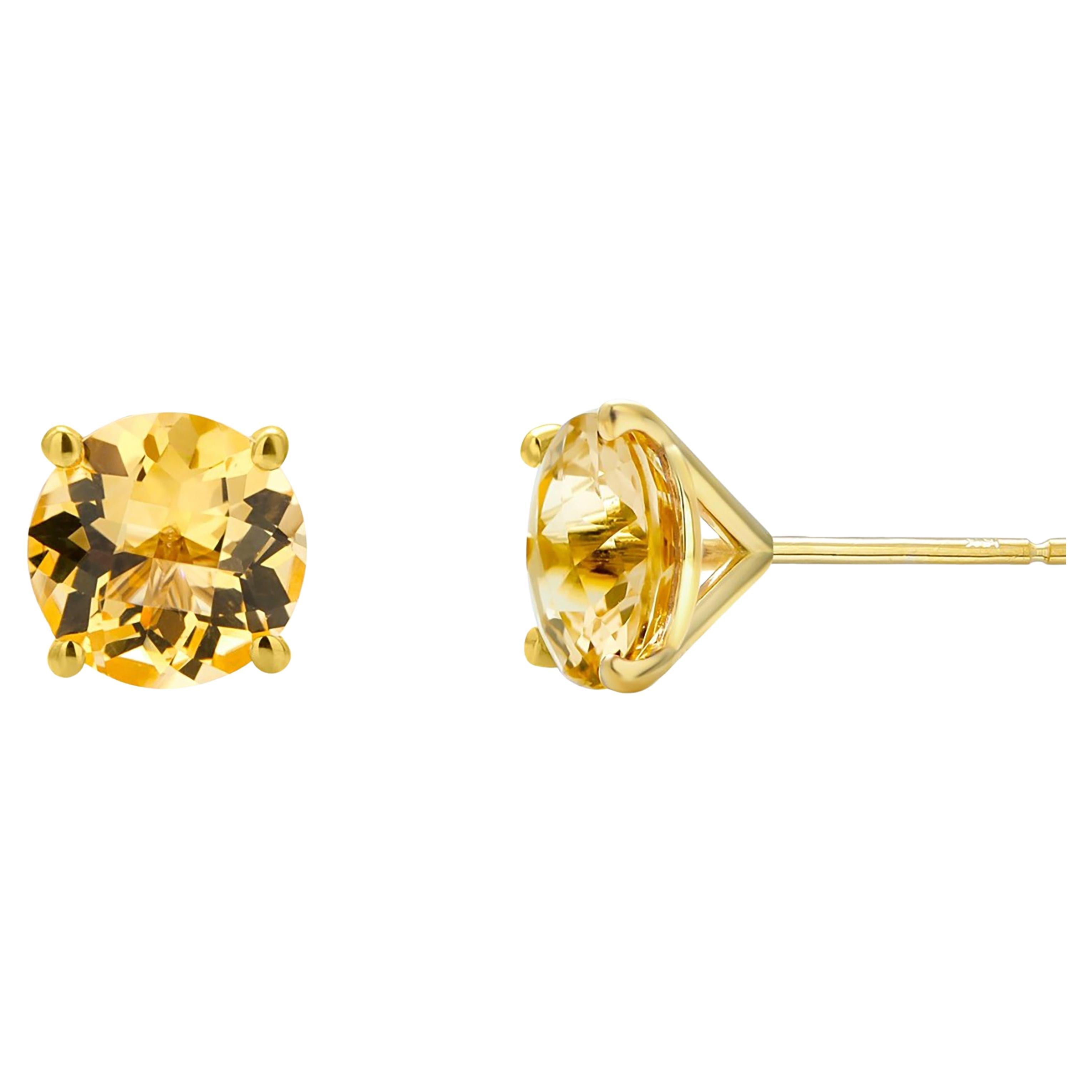 Pair Round Yellow Beryl 2.45 Carat Yellow Gold 0.30 Inch Stud Earrings