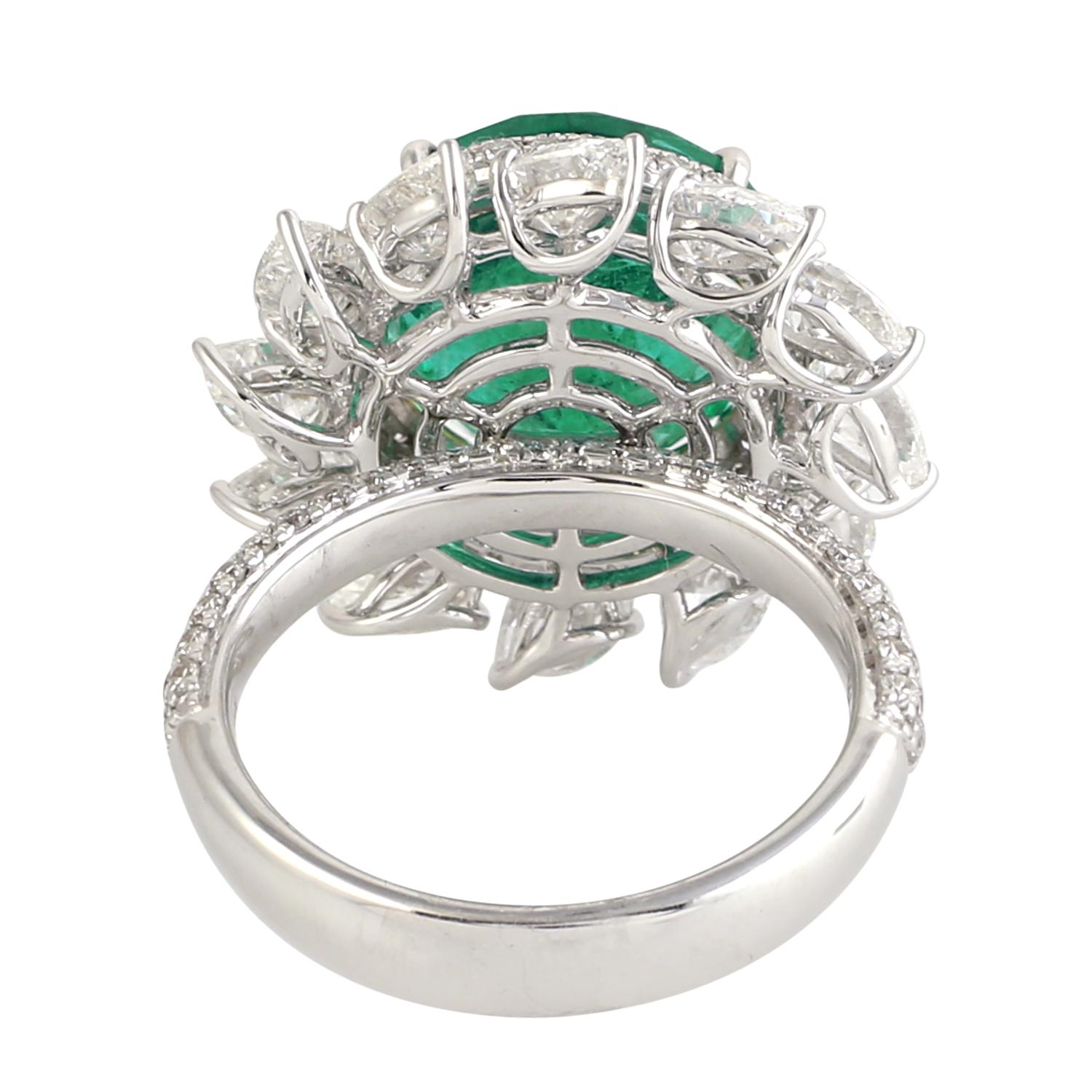 Mixed Cut Round Shaped Zambian Emerald Cocktail Ring With Pear Shaped Diamonds For Sale