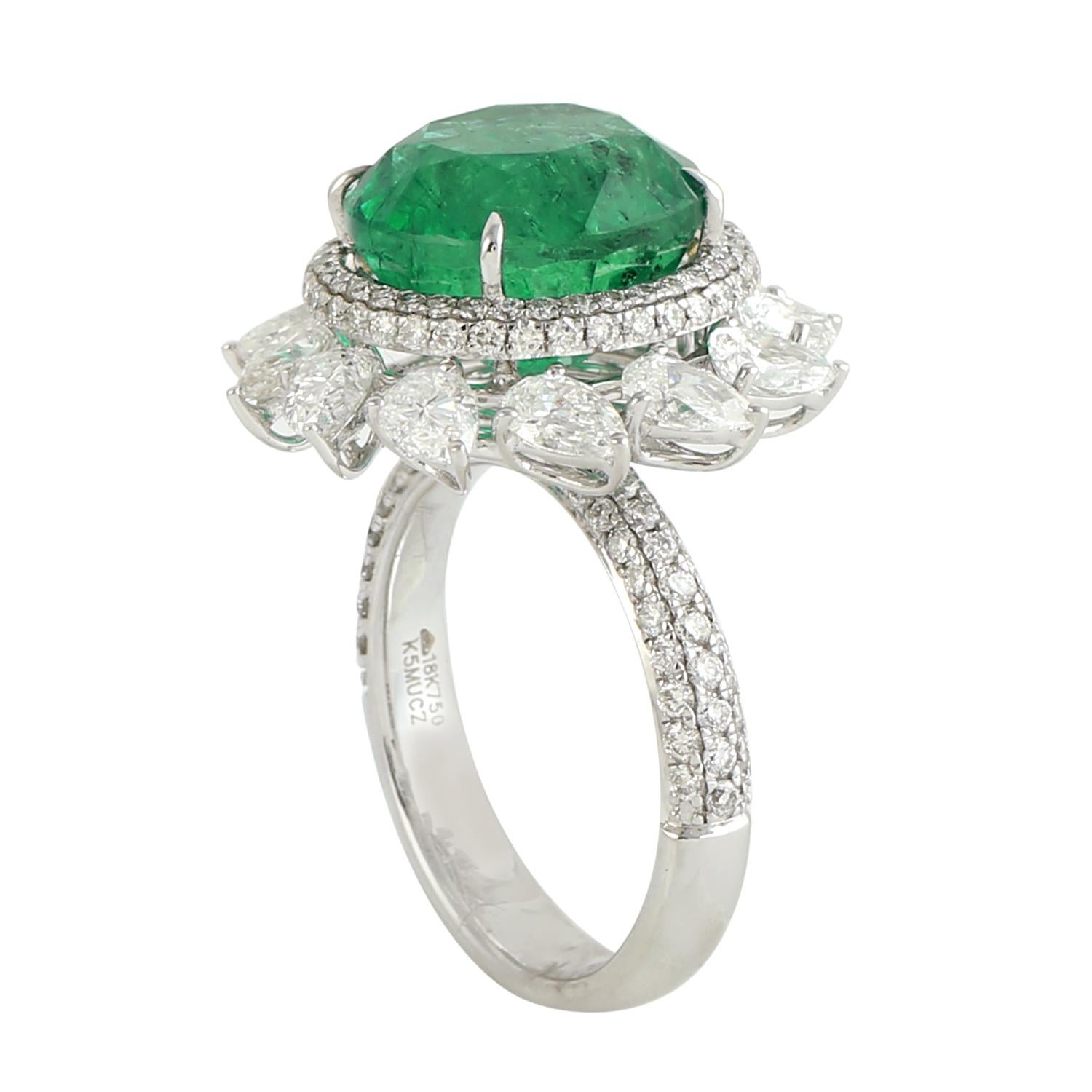 Round Shaped Zambian Emerald Cocktail Ring With Pear Shaped Diamonds In New Condition For Sale In New York, NY