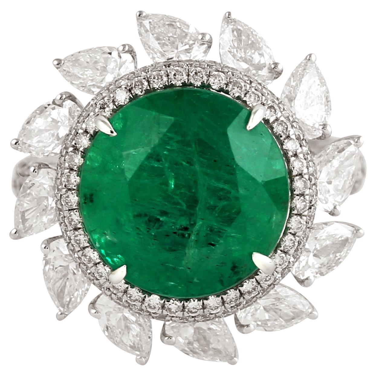Round Shaped Zambian Emerald Cocktail Ring With Pear Shaped Diamonds
