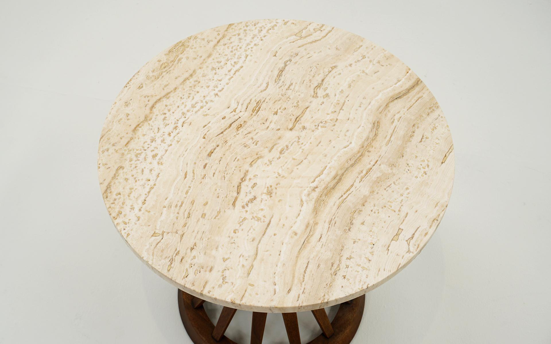 Mid-Century Modern Round Sheaf of Wheat Side Table by Edward Wormley for Dunbar. Travertine, Walnut