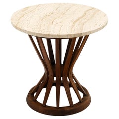 Round Sheaf of Wheat Side Table by Edward Wormley for Dunbar. Travertine, Walnut