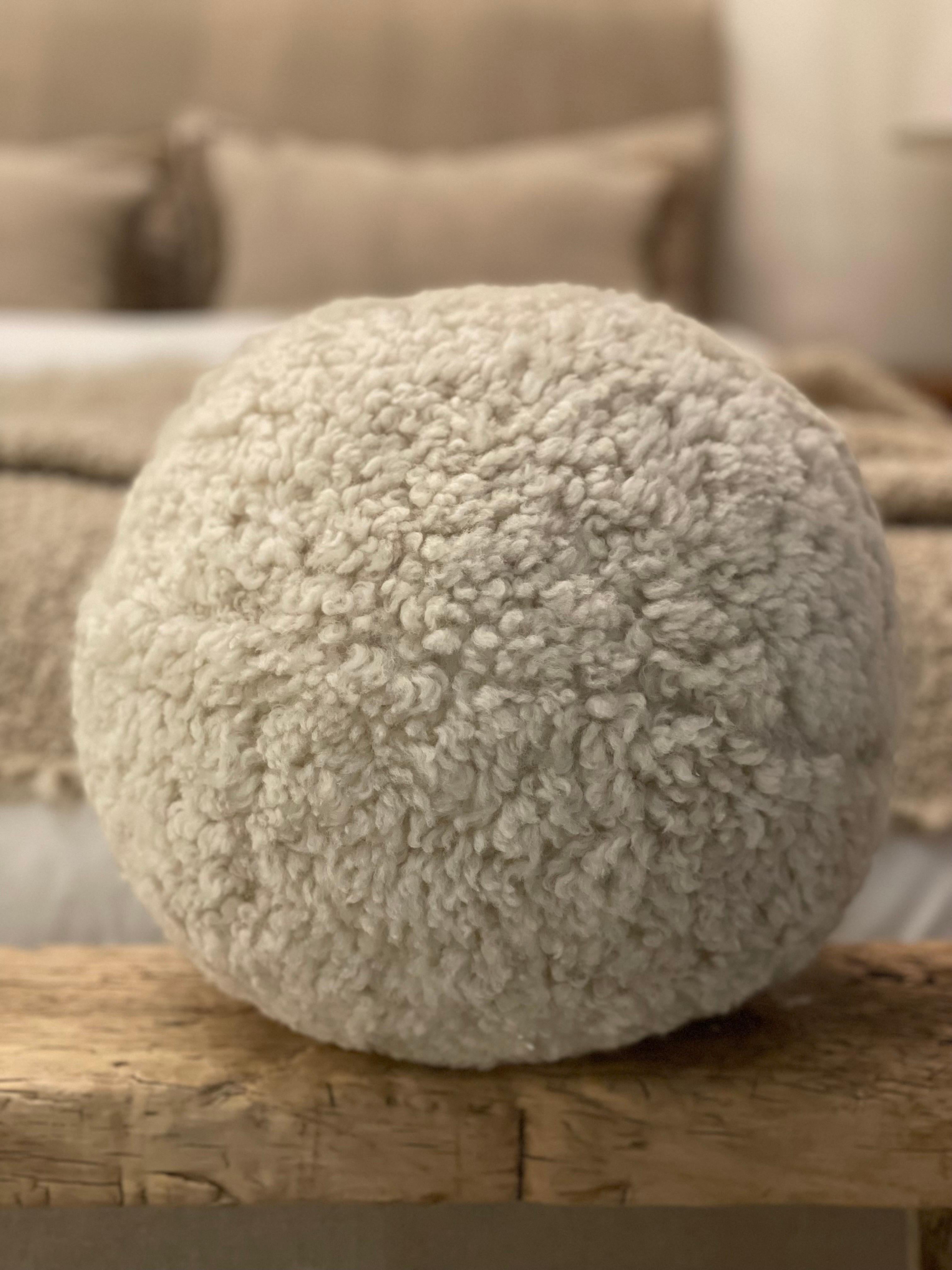 Contemporary Round Sheepskin Accent Pillow in Ivory Natural For Sale