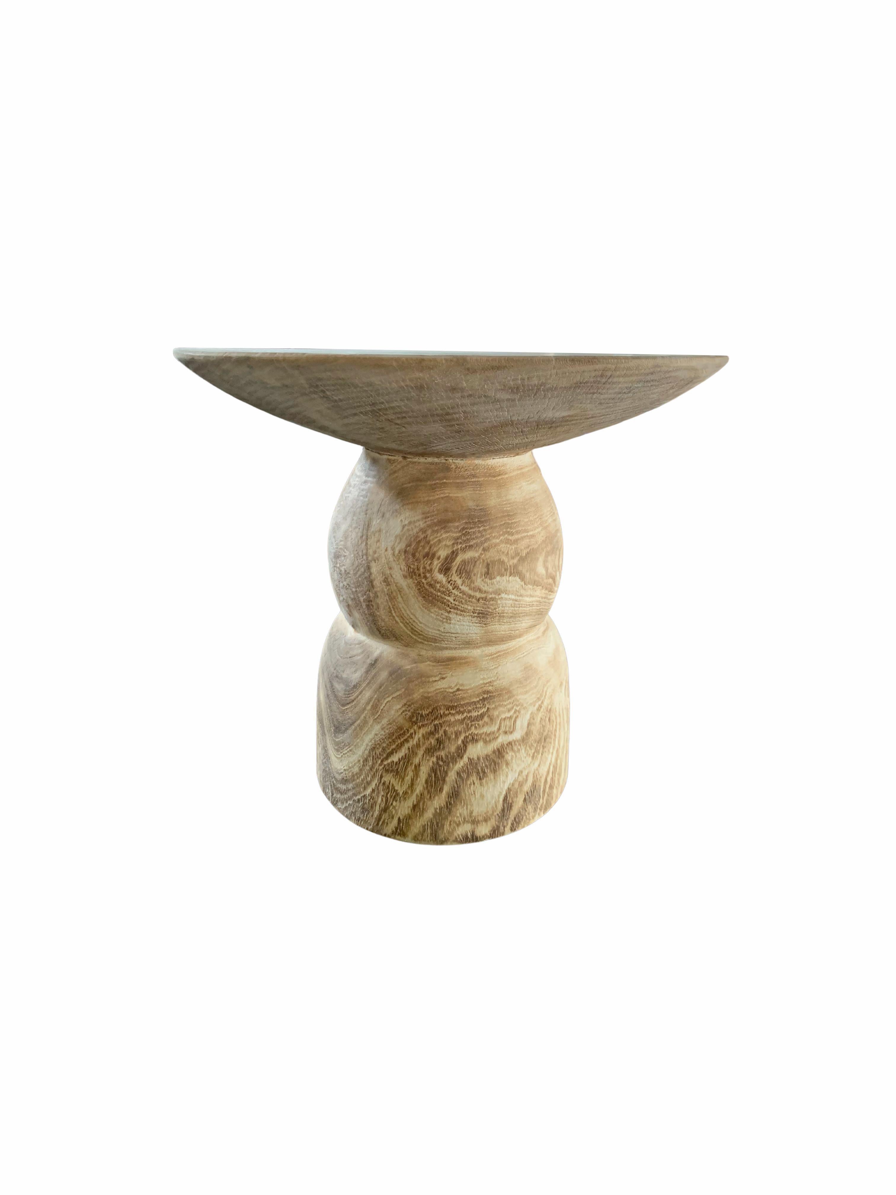 Organic Modern Round Side Table Crafted from Mango Wood Bleached Finish For Sale