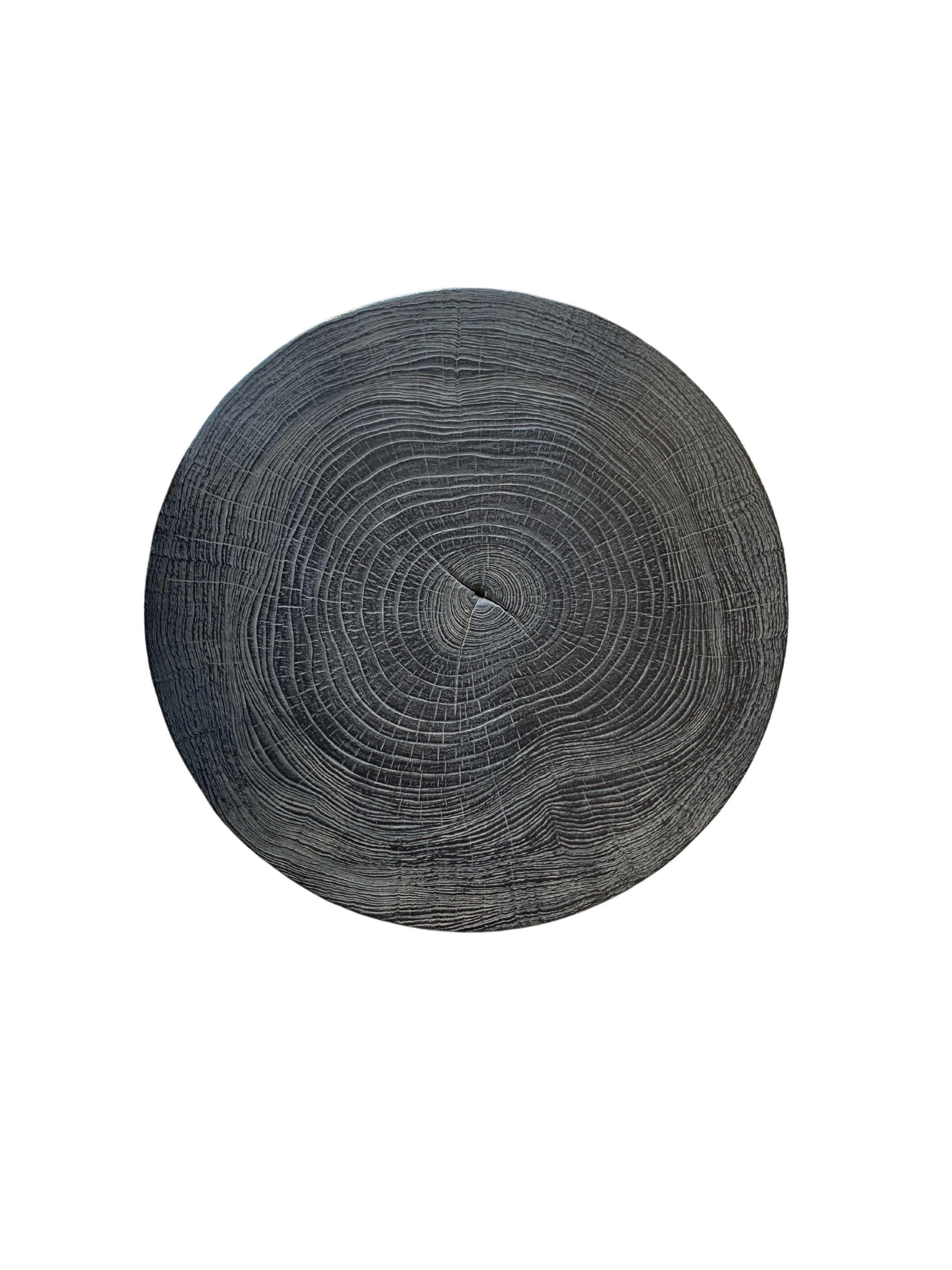 Organic Modern Round Side Table Crafted from Mango Wood & Burnt Finish For Sale