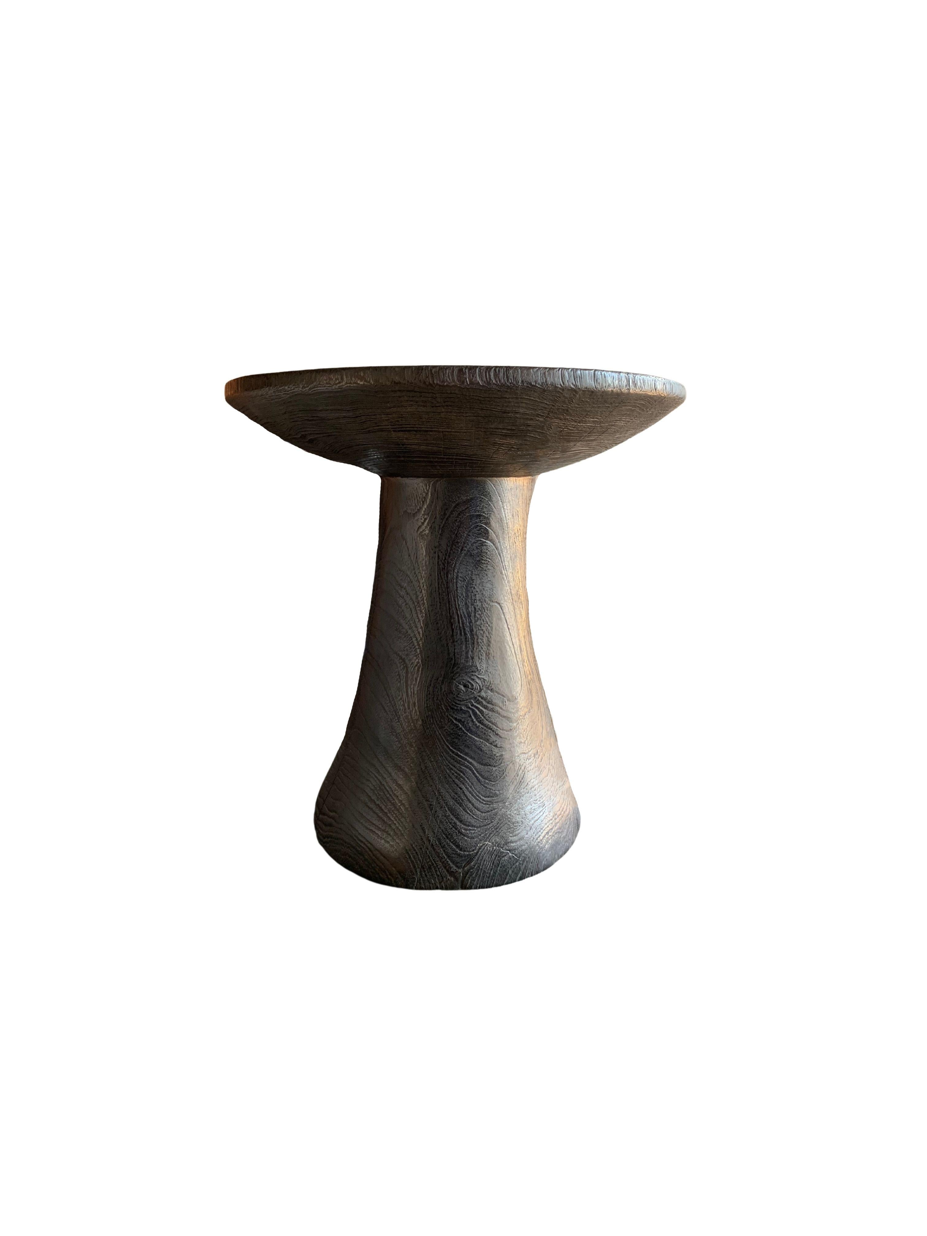 Organic Modern Round Side Table Crafted from Mango Wood & Burnt Finish For Sale