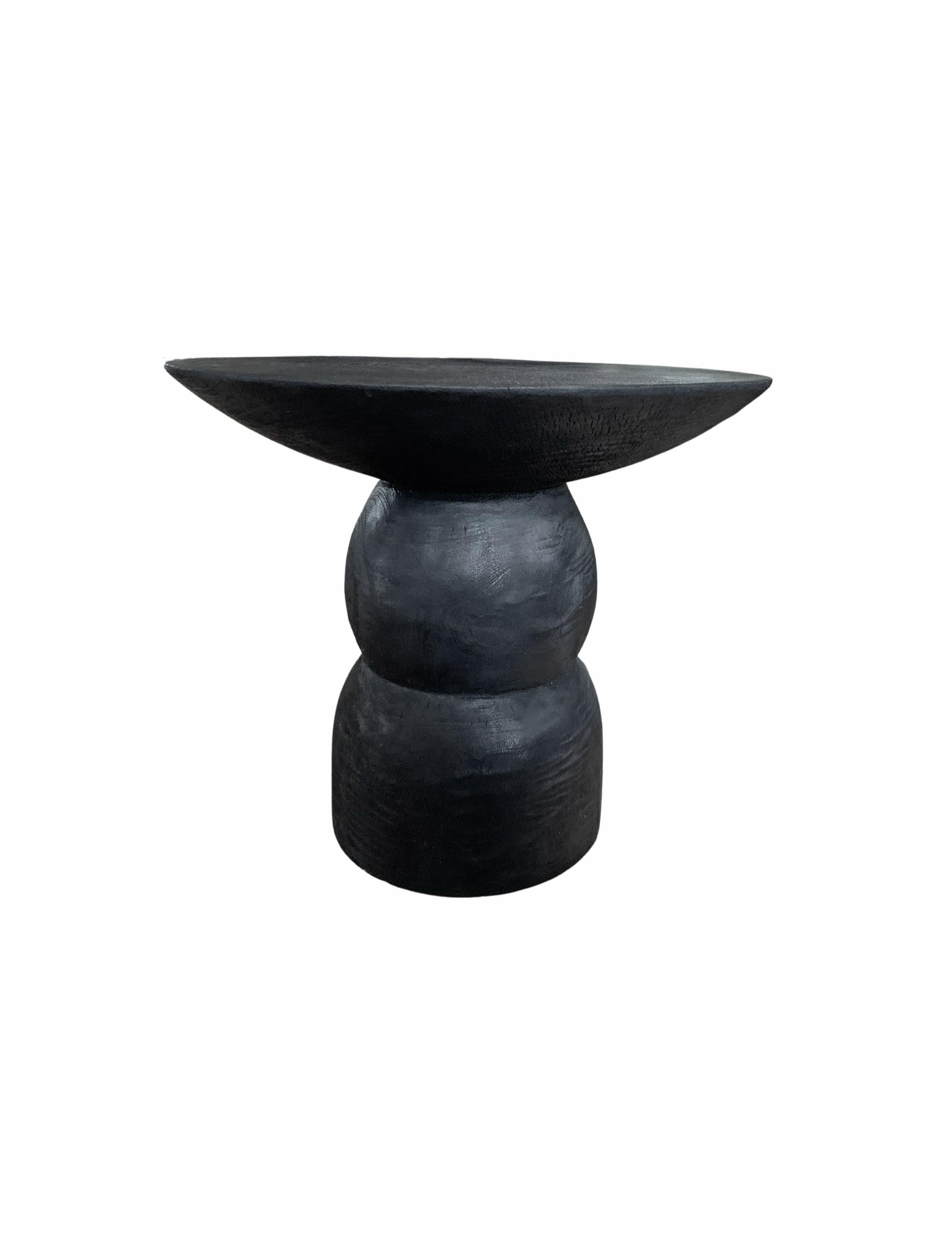 Organic Modern Round Side Table Crafted from Mango Wood Burnt Finish For Sale