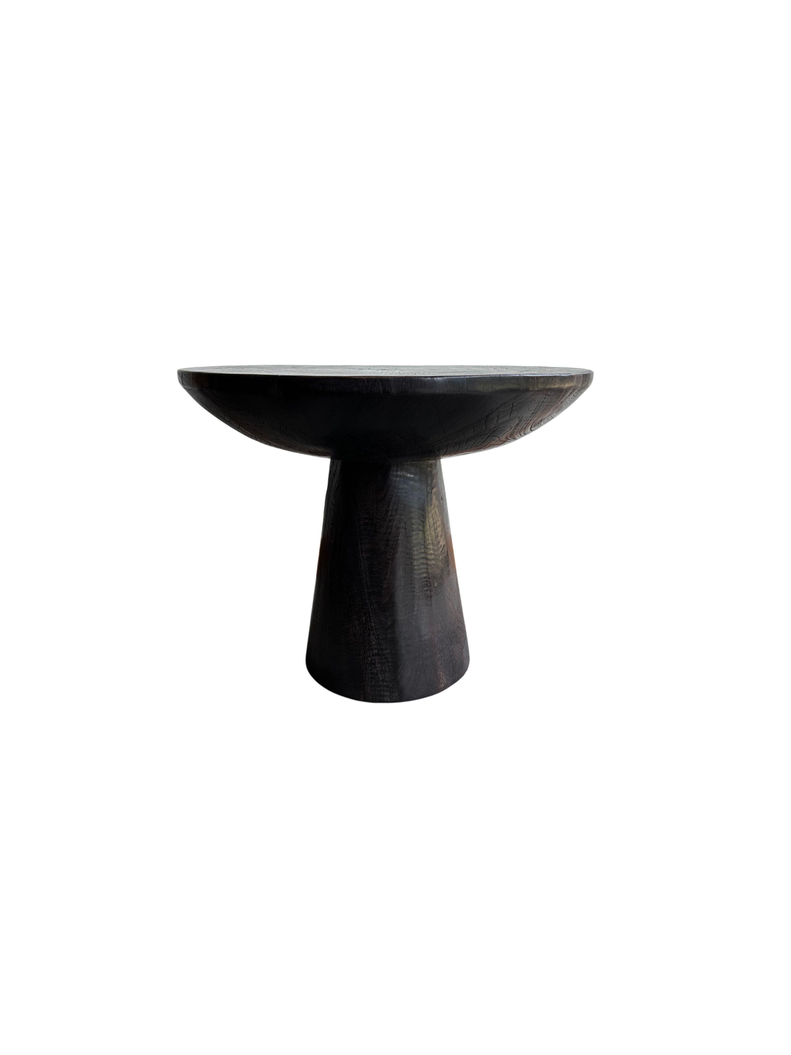 Organic Modern Round Side Table Crafted from Mango Wood Burnt Finish For Sale