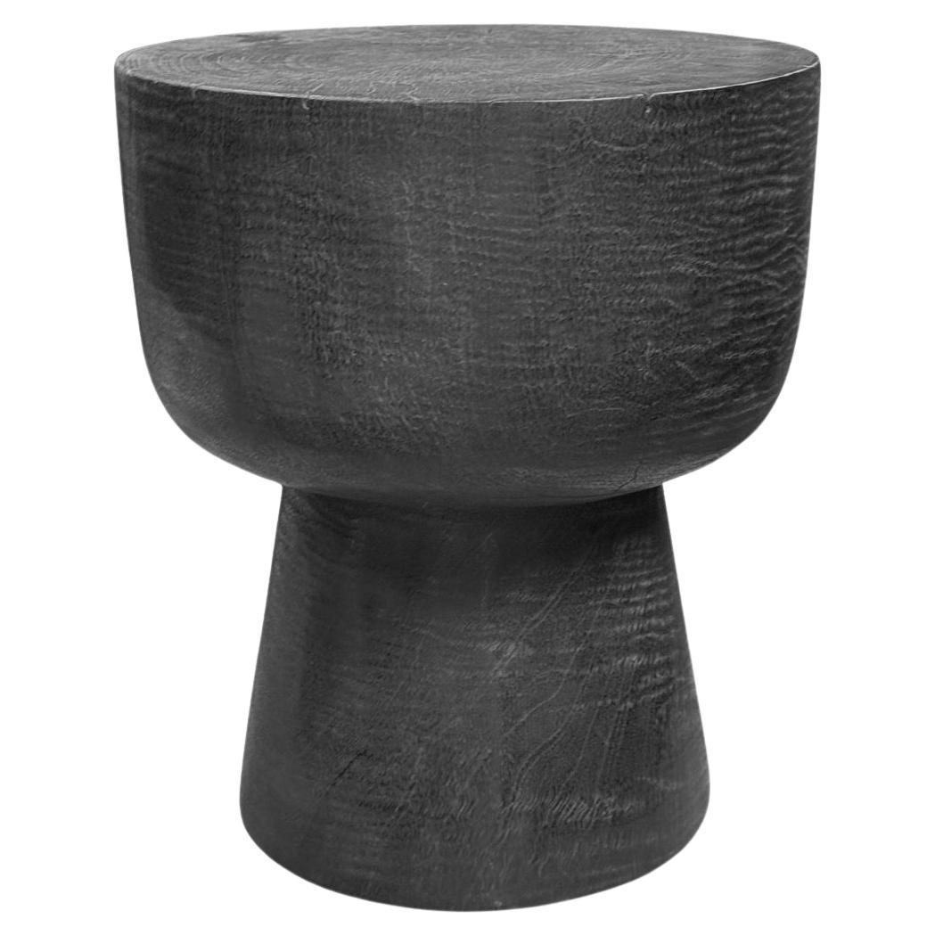 Round Side Table Crafted from Mango Wood, Burnt Finish Modern Organic