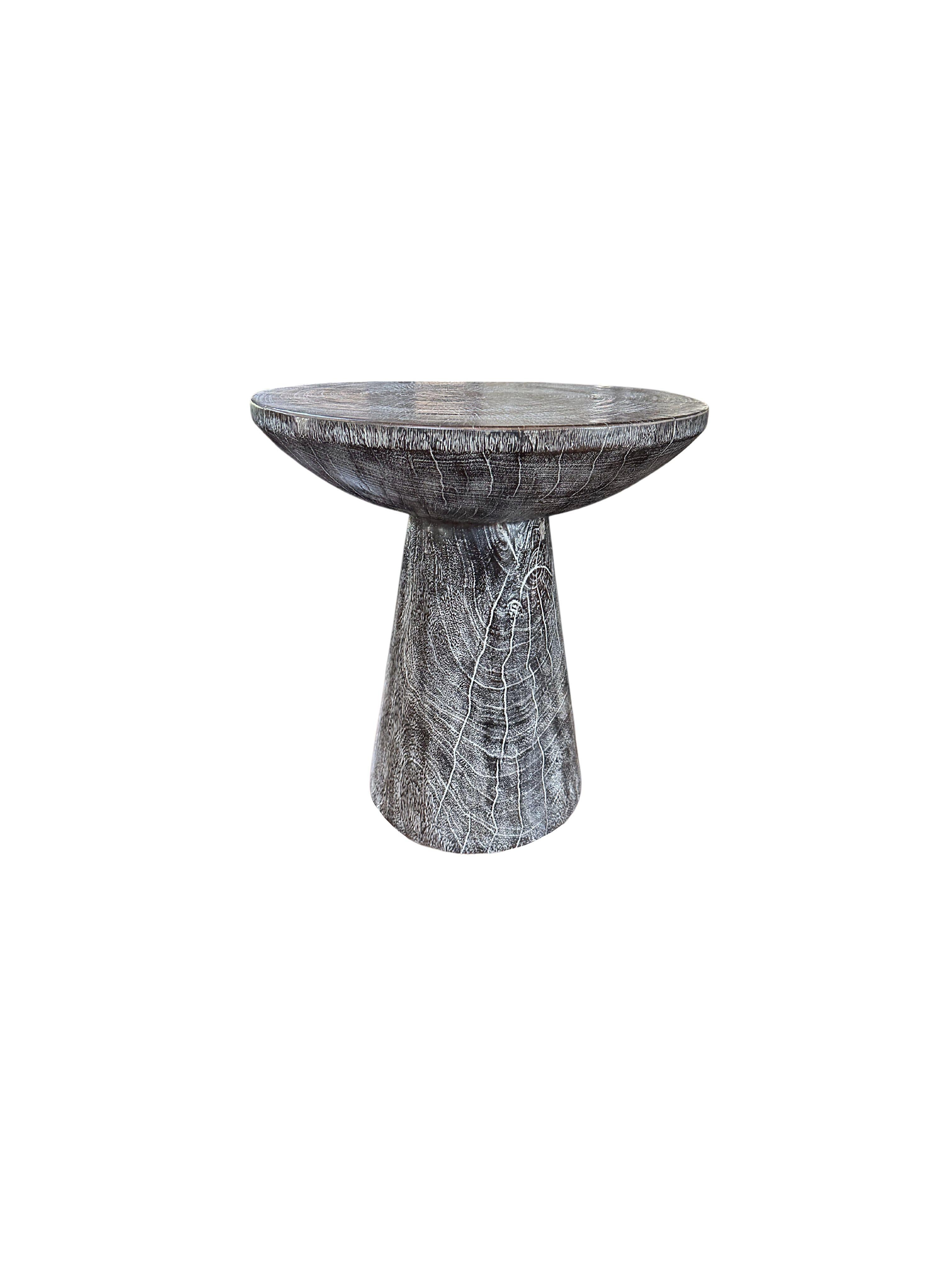 Organic Modern Round Side Table Crafted from Mango Wood Washed out Finish For Sale