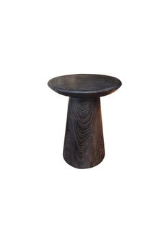 Round Side Table Crafted from Teak Wood, Espresso Finish Modern Organic