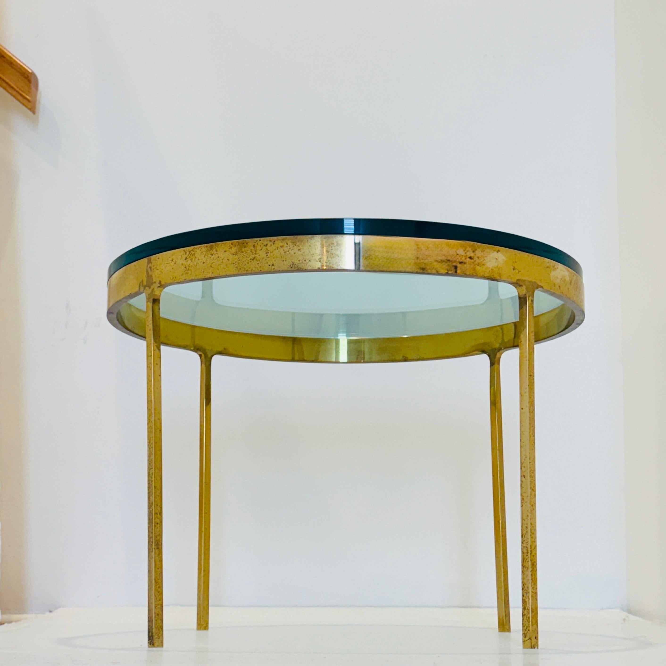 American Round Side Table in Brass and Tempered Glass by Nicos Zographos, c. 1980 For Sale