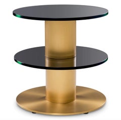 Round Side Table in Brushed Brass and Black Glass, Minimalist Style