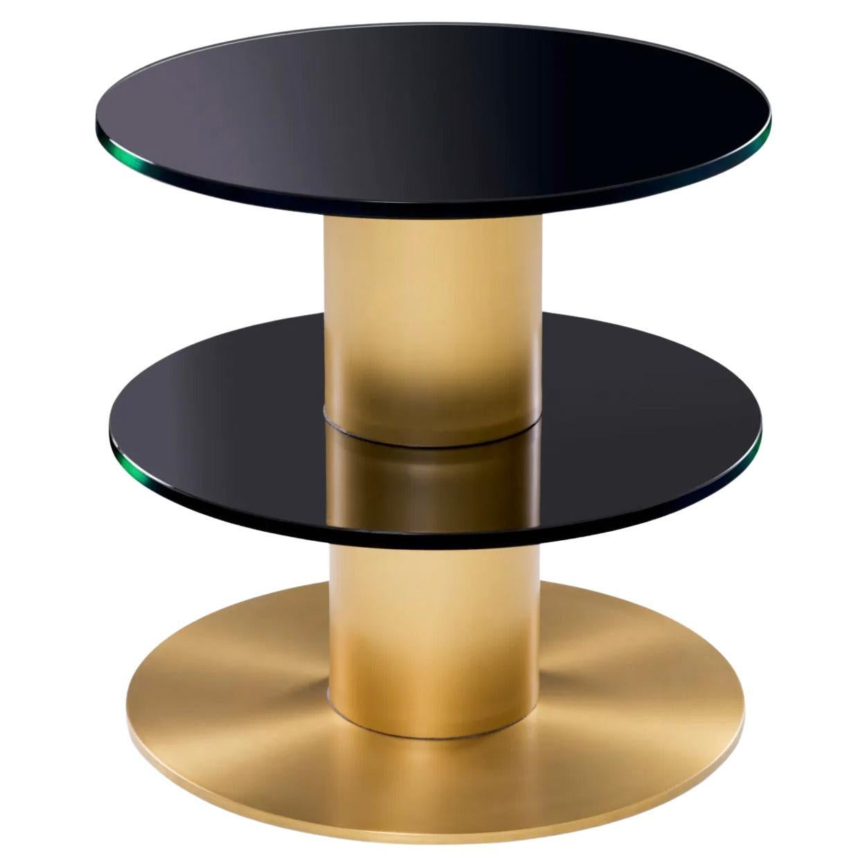 Round Side Table in Brushed Brass and Black Glass, Minimalist Style