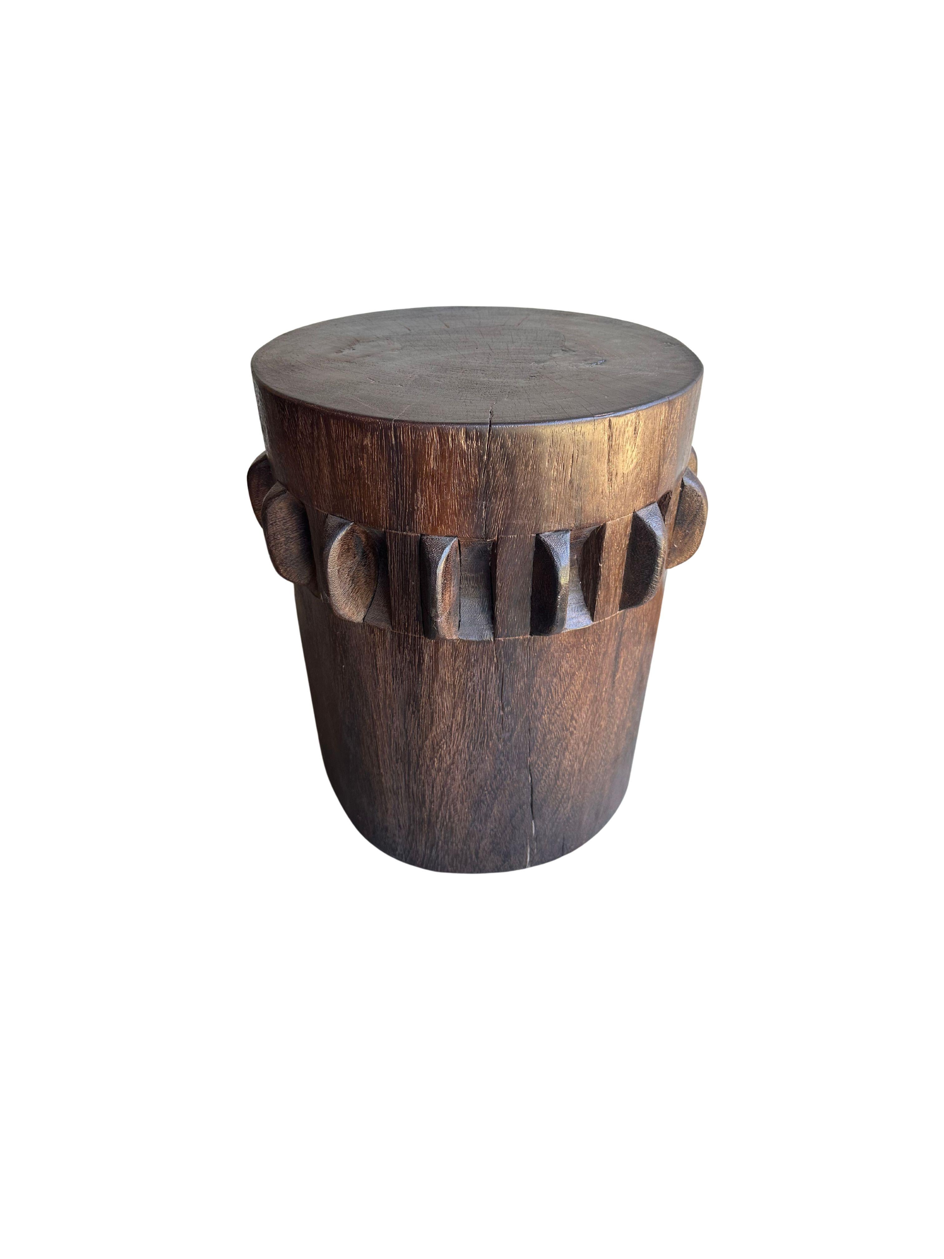 Organic Modern Round Side Table, Sugar Cane Crusher Wheel, Iron Wood