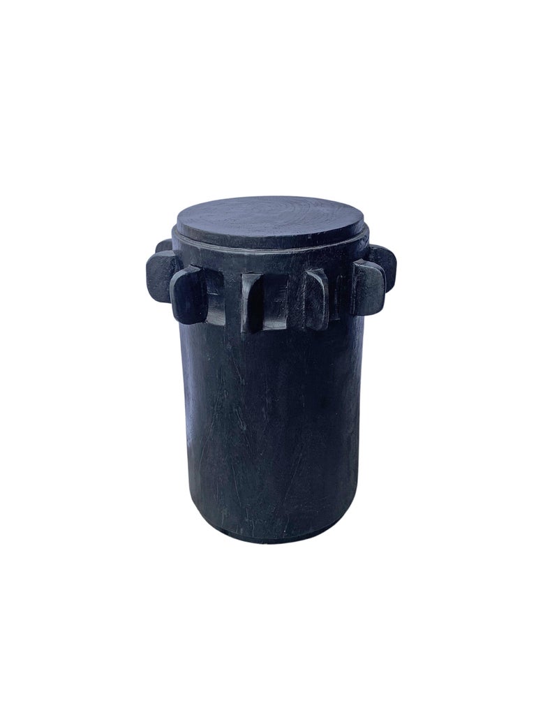 Round Side Table, Sugar Cane Crusher Wheel, Mango Wood and Burnt Finish