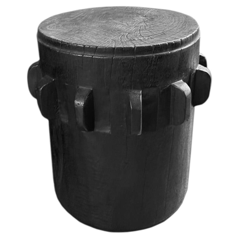 Round Side Table, Sugar Cane Crusher Wheel, Mango Wood & Burnt Finish