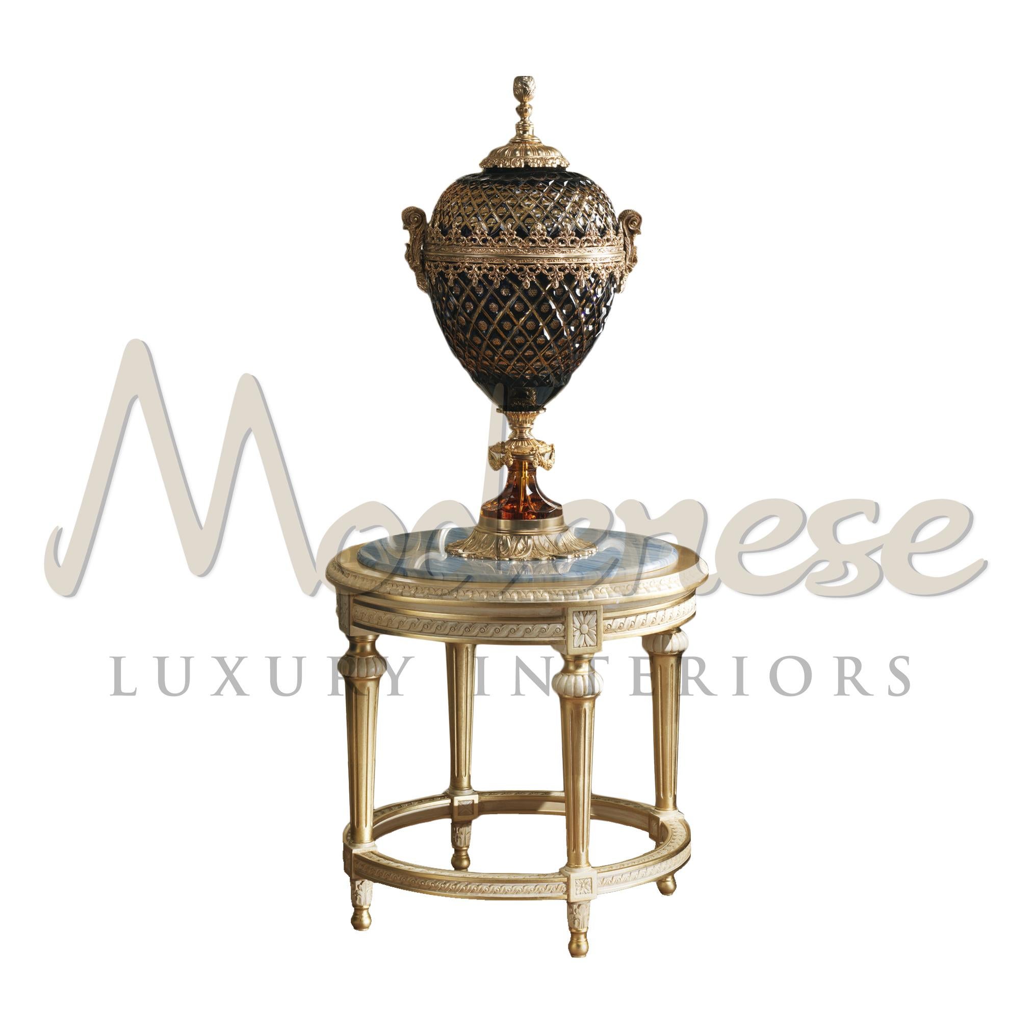 Rococo Round Side Table with Azul Marble Top and Luxury Gold Leaf by Modeneseodenese For Sale