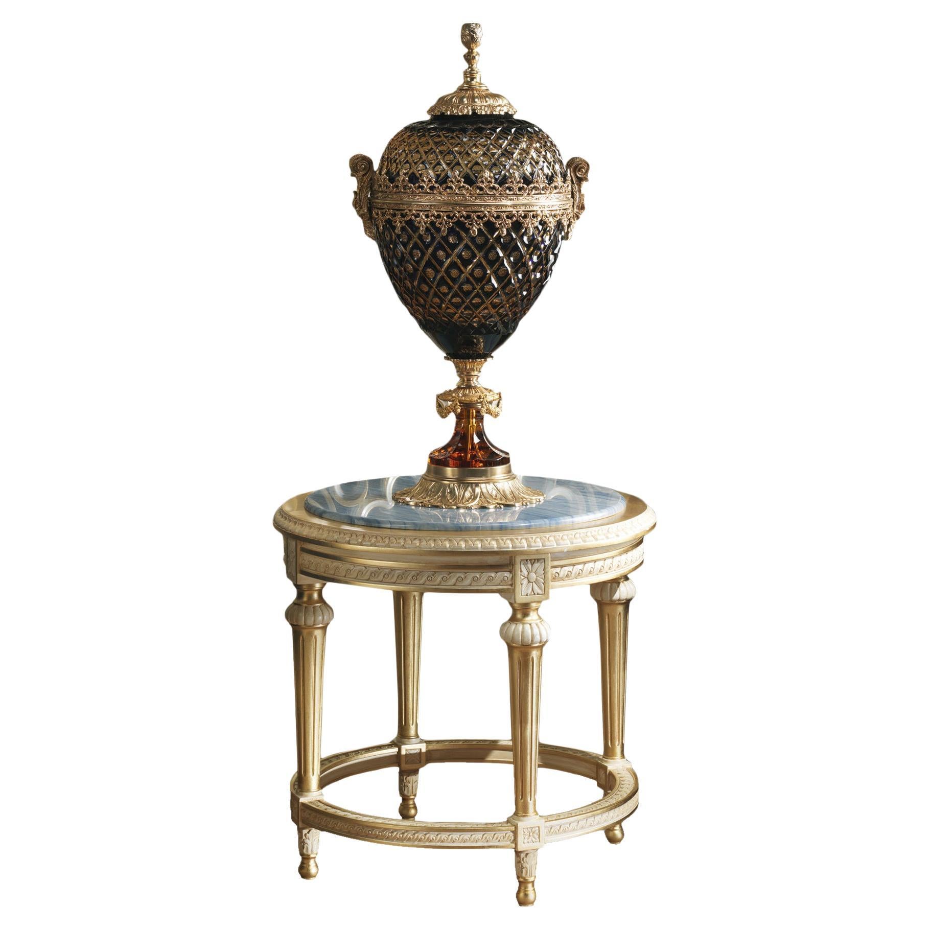 Round Side Table with Azul Marble Top and Luxury Gold Leaf by Modeneseodenese For Sale