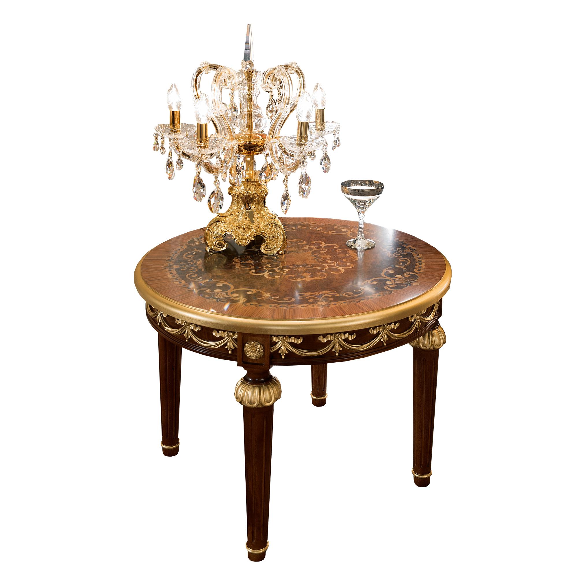 Baroque Revival Round Side Table with Inlaid Top + Gold Leaf Finish, Made in Italy by Modenese For Sale