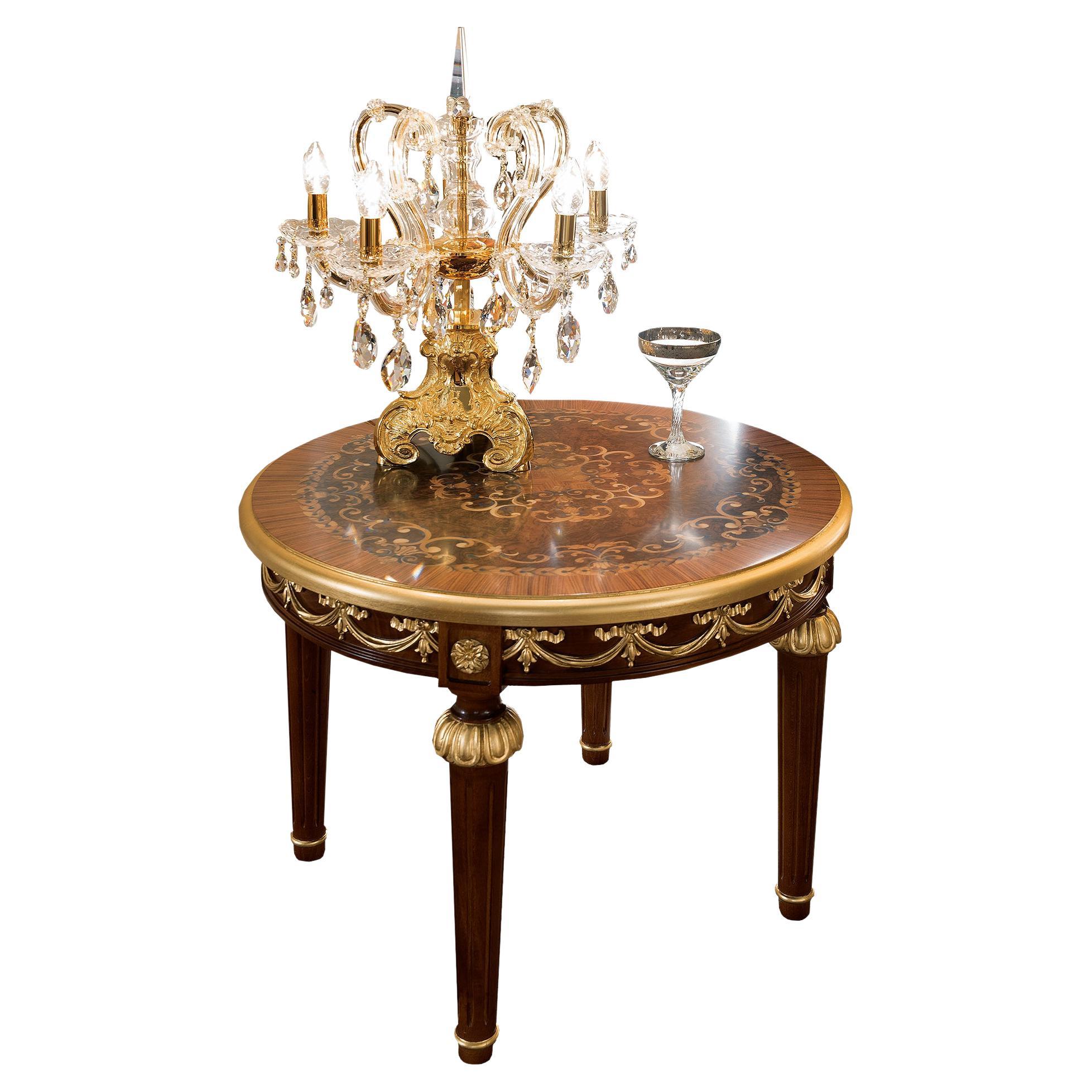 Round Side Table with Inlaid Top + Gold Leaf Finish, Made in Italy by Modenese