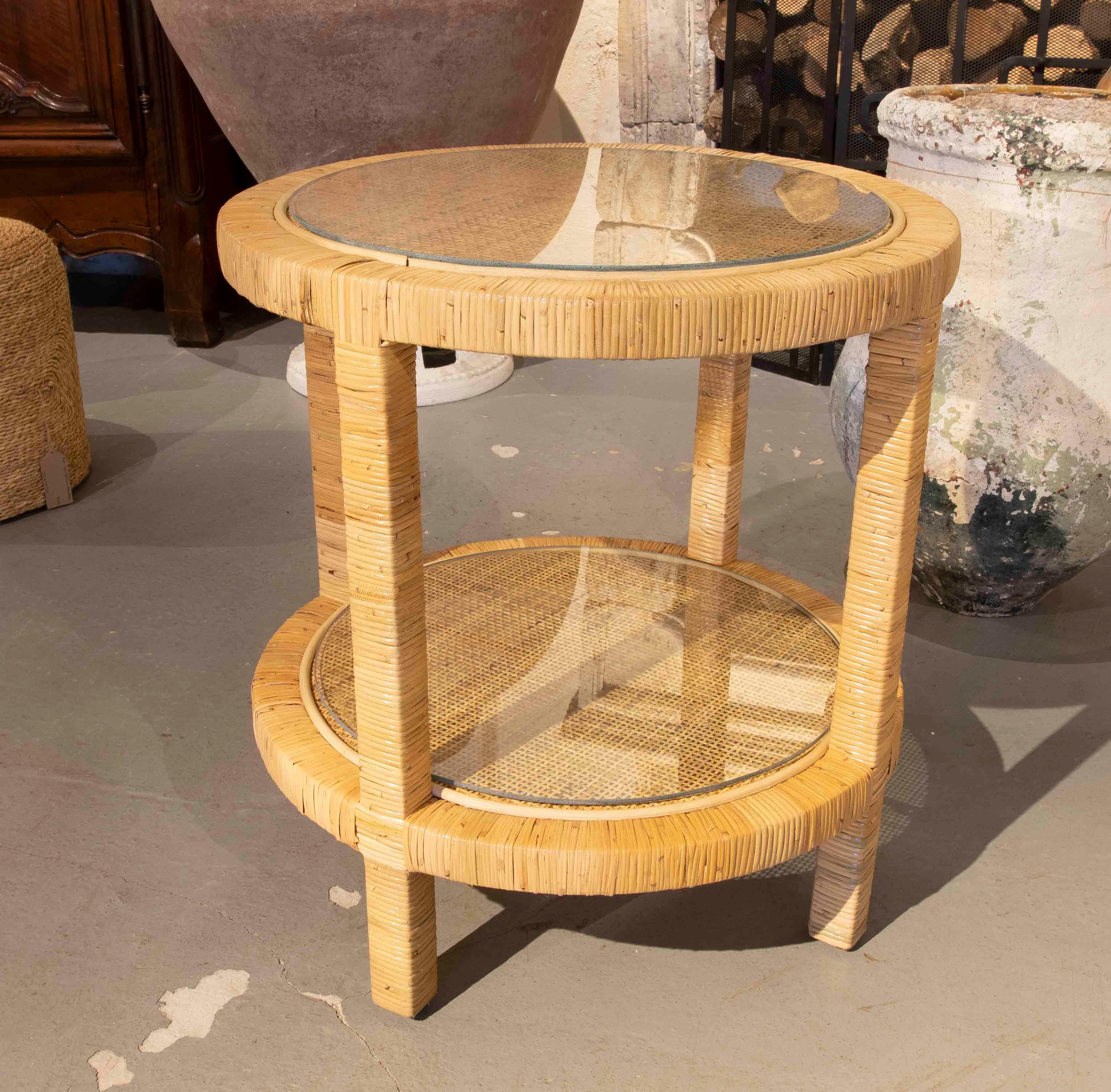 European Round Side Table with Wooden Frame and Rattan Top with Glass Top For Sale