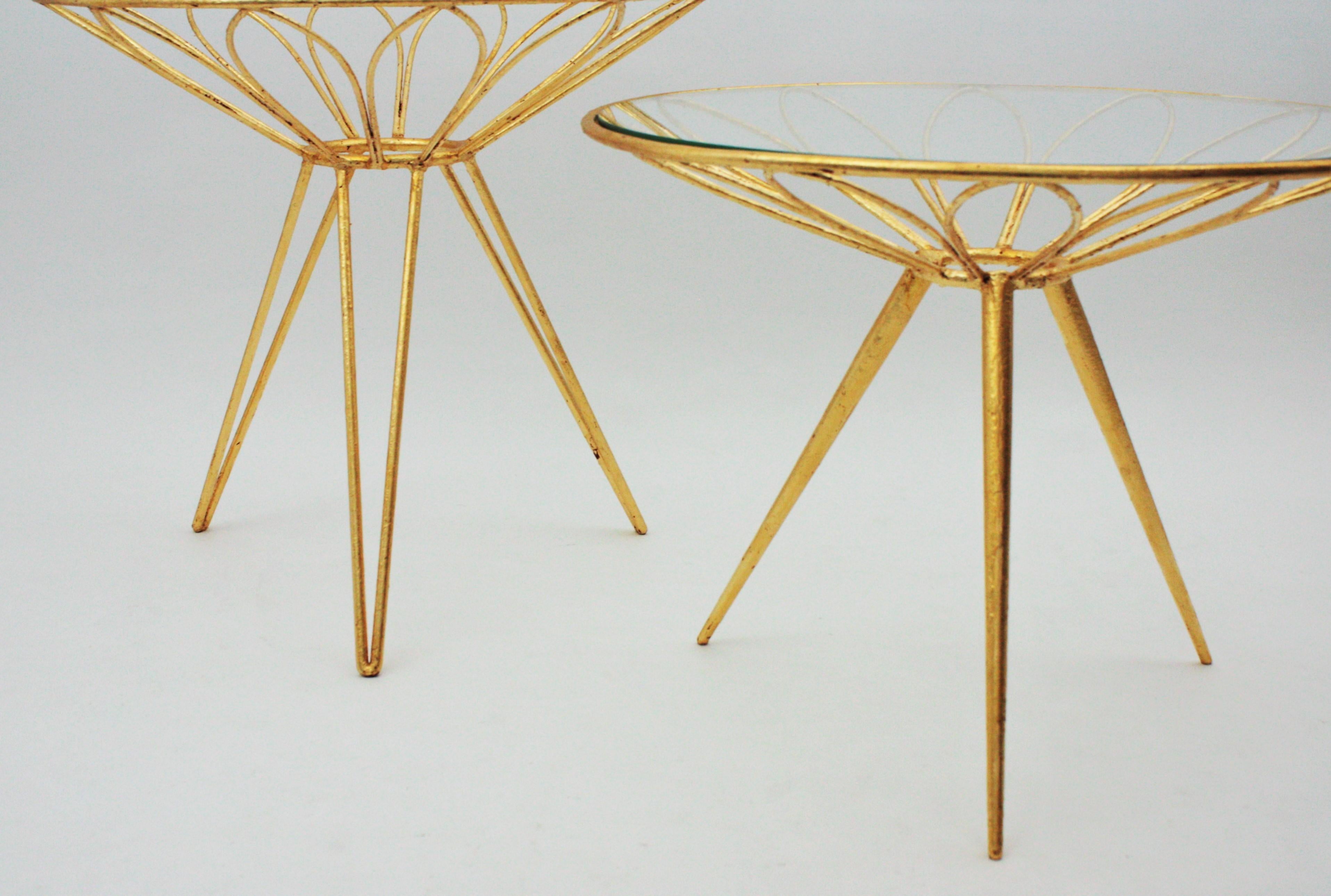 French Side Tables in Gilt Iron Daisy Flower Design, 1950s For Sale 6