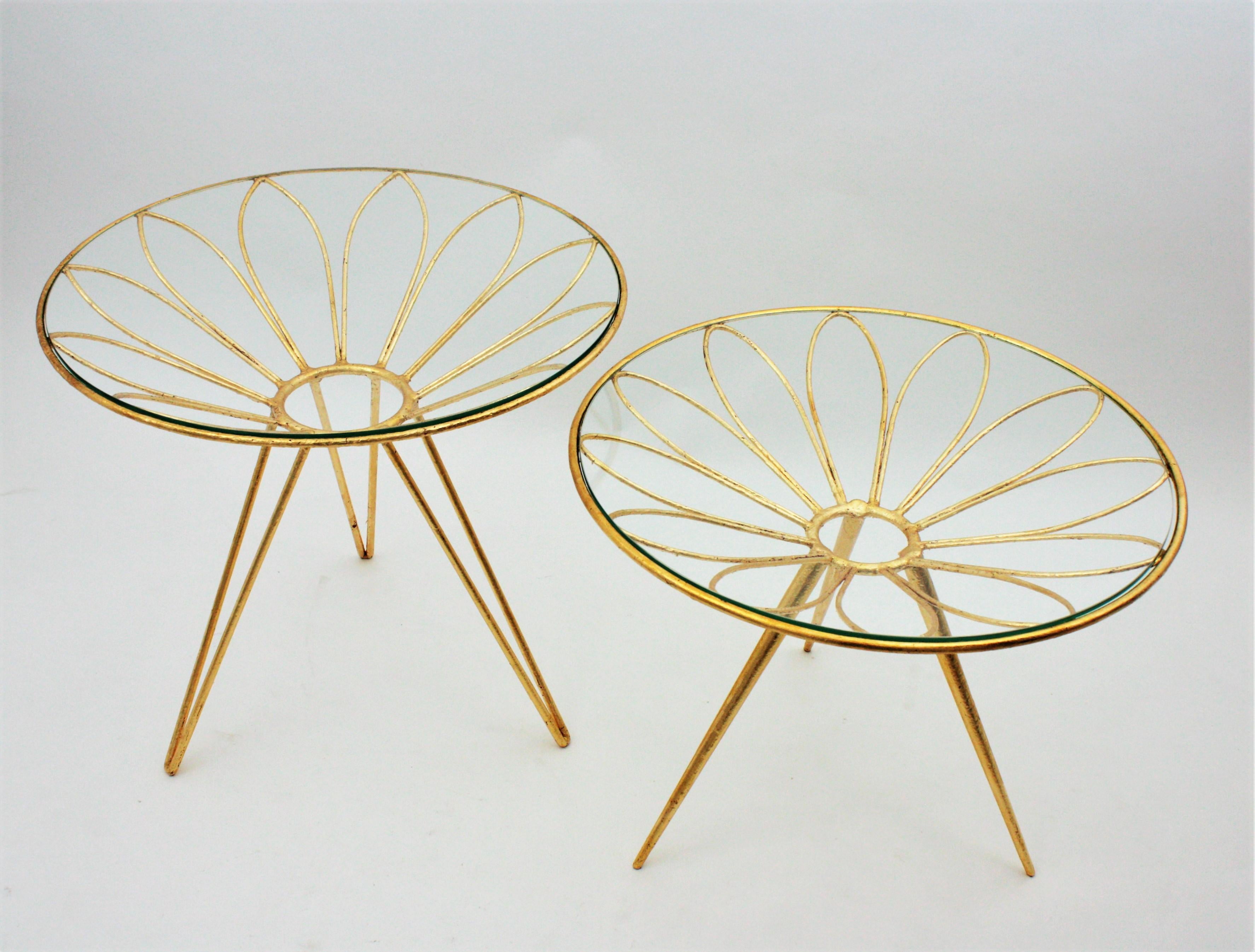 Hand-Crafted French Side Tables in Gilt Iron Daisy Flower Design, 1950s For Sale