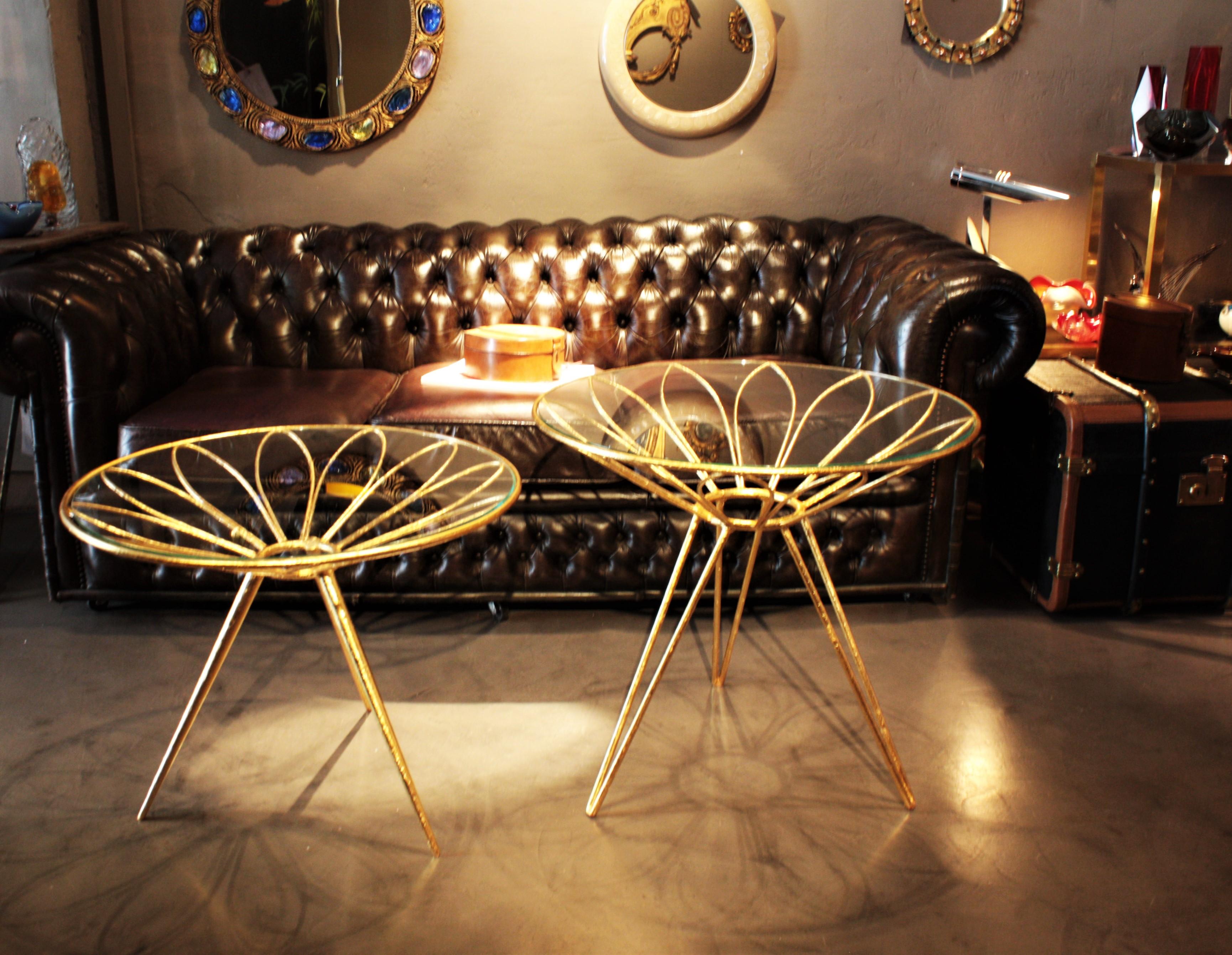 20th Century French Side Tables in Gilt Iron Daisy Flower Design, 1950s For Sale