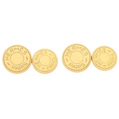 Retro Round Signature Hermes Designer Chain Cufflinks in Solid 18 Karat Yellow Gold